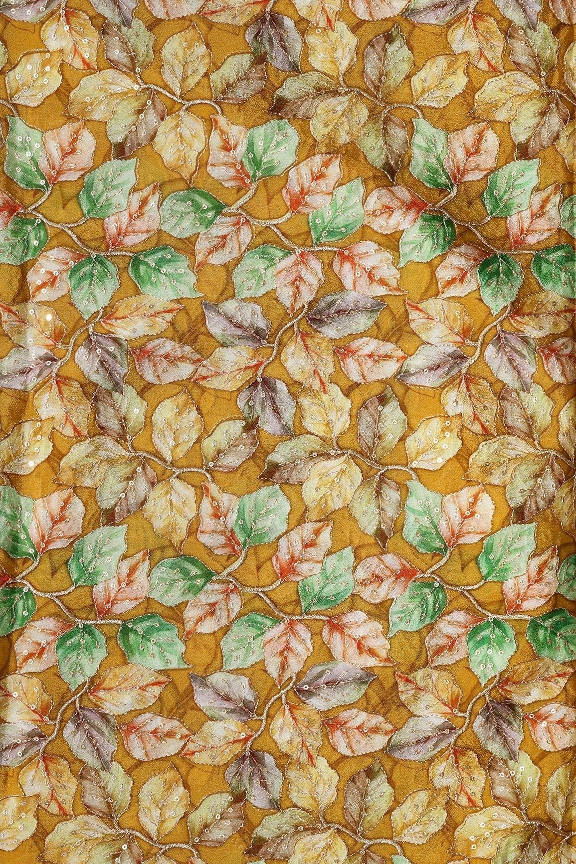 AIzaSyBcstauz-XMPRhEY21AUzeo032pxrXB5Ug - Exclusive Leafy Position Print On Sequins Embroidery Mustard Viscose Chinnon Chiffon Fabric