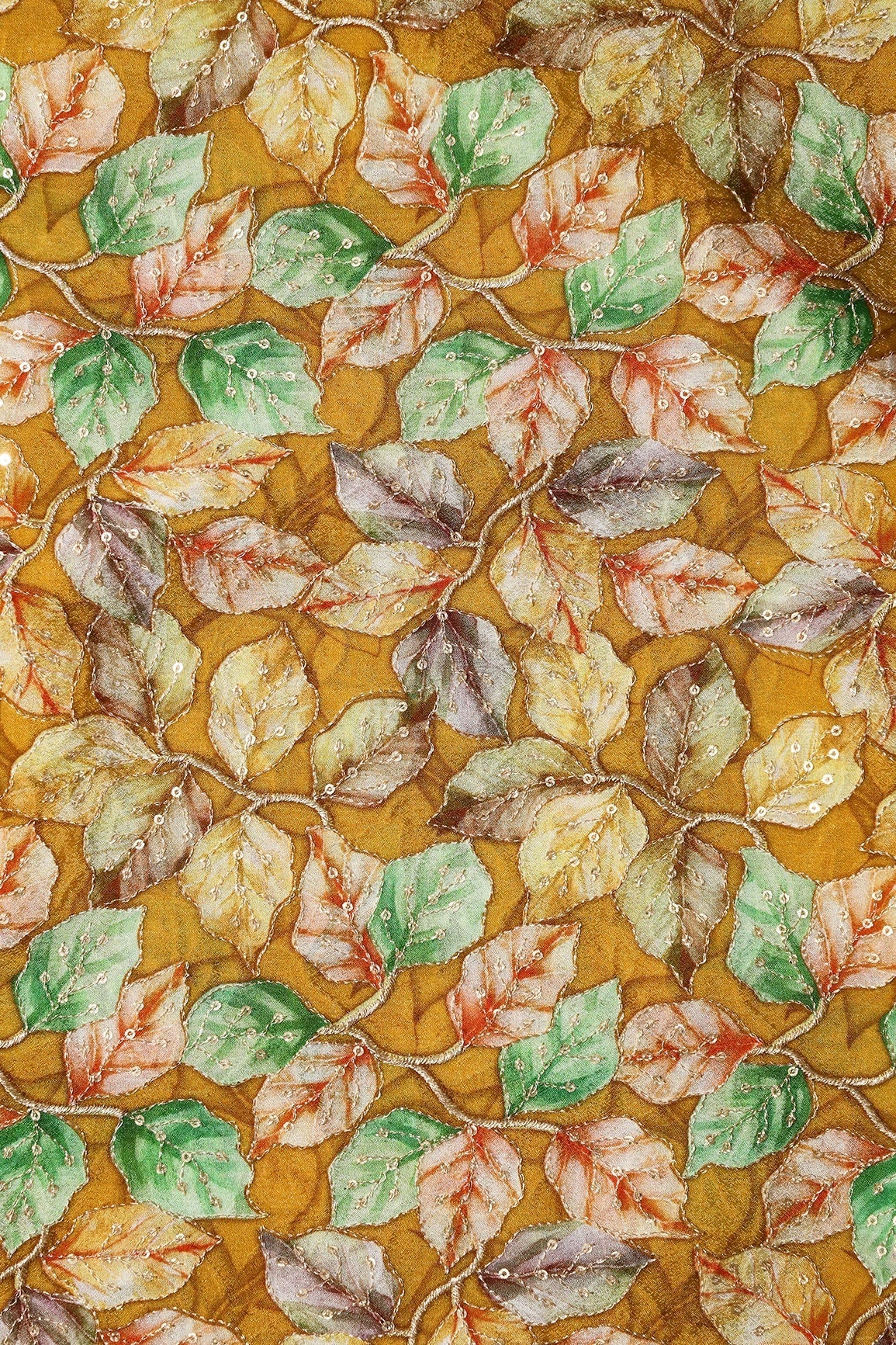 AIzaSyBcstauz-XMPRhEY21AUzeo032pxrXB5Ug - Exclusive Leafy Position Print On Sequins Embroidery Mustard Viscose Chinnon Chiffon Fabric