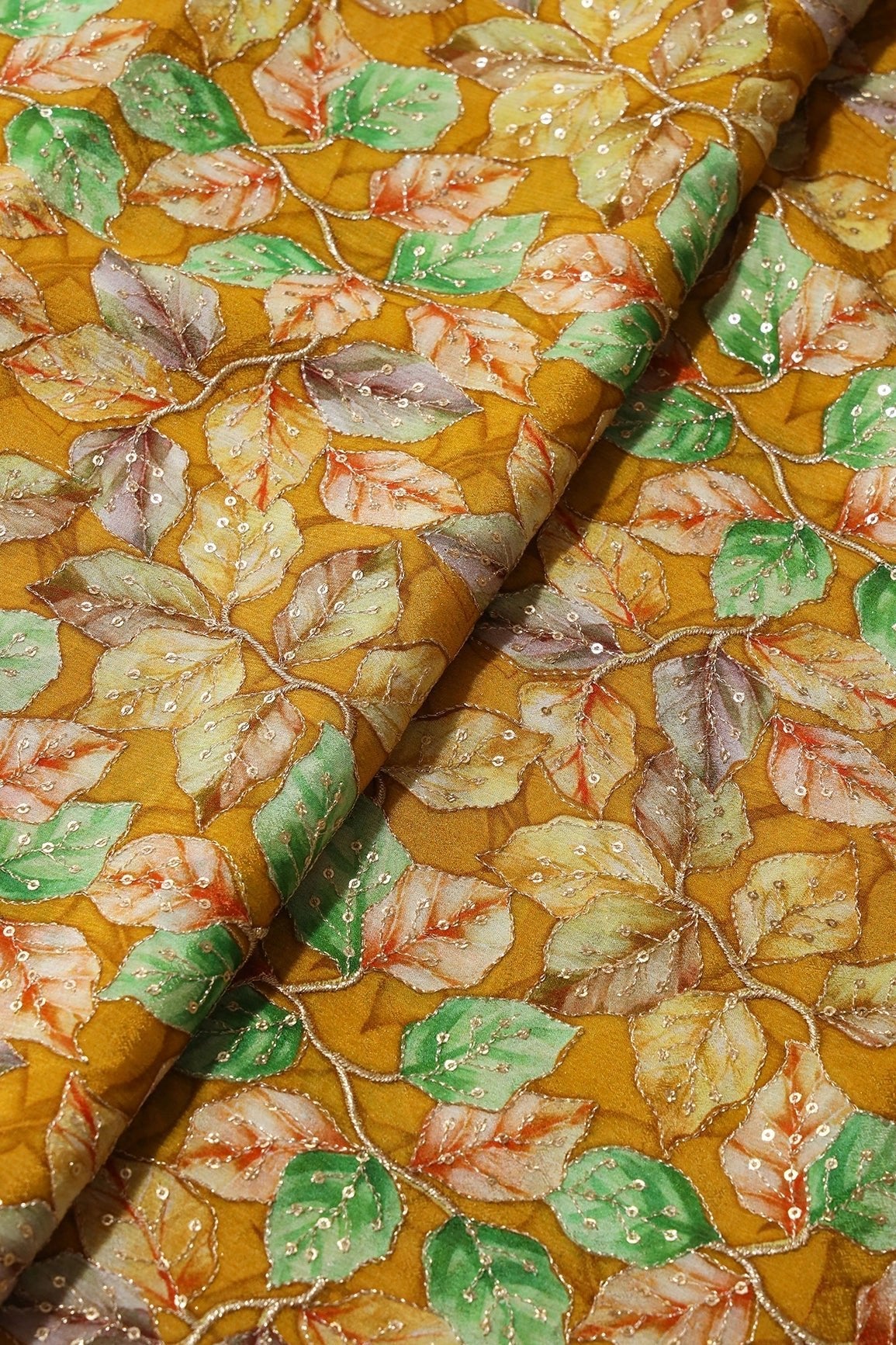 AIzaSyBcstauz-XMPRhEY21AUzeo032pxrXB5Ug - Exclusive Leafy Position Print On Sequins Embroidery Mustard Viscose Chinnon Chiffon Fabric