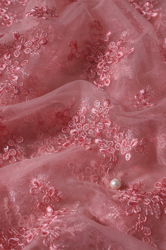 AIzaSyBcstauz-XMPRhEY21AUzeo032pxrXB5Ug - Exclusive Pink Thread With Sequins Abstract Embroidery Work On Pink Soft Net Fabric