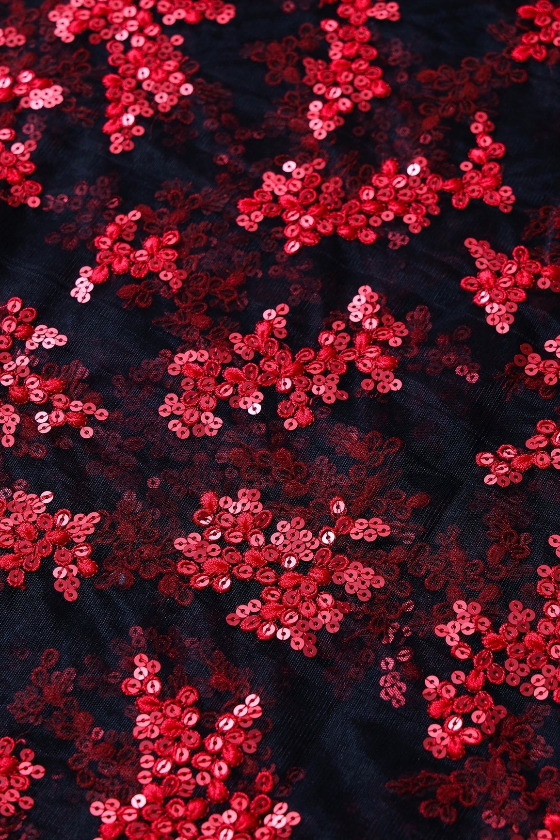 AIzaSyBcstauz-XMPRhEY21AUzeo032pxrXB5Ug - Exclusive Red Thread With Sequins Abstract Embroidery Work On Black Soft Net Fabric