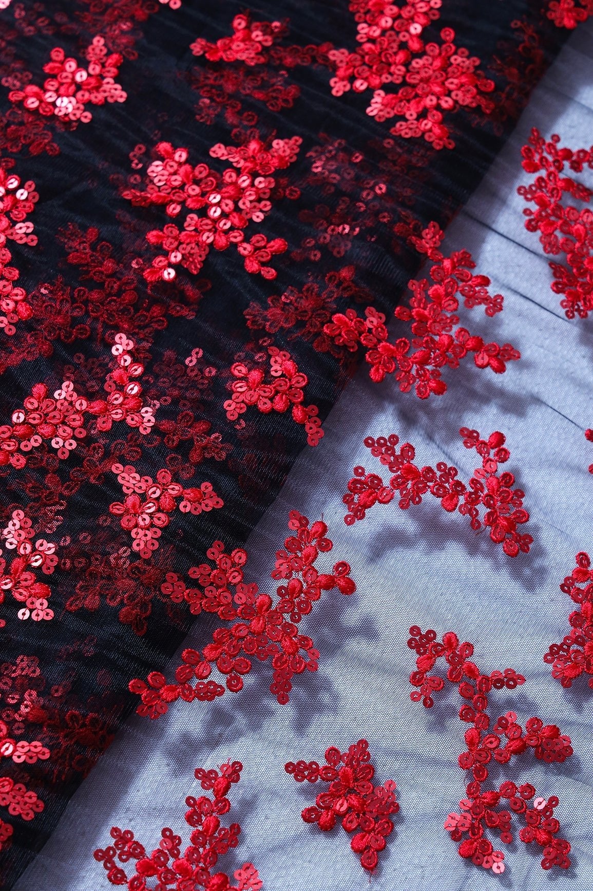AIzaSyBcstauz-XMPRhEY21AUzeo032pxrXB5Ug - Exclusive Red Thread With Sequins Abstract Embroidery Work On Black Soft Net Fabric