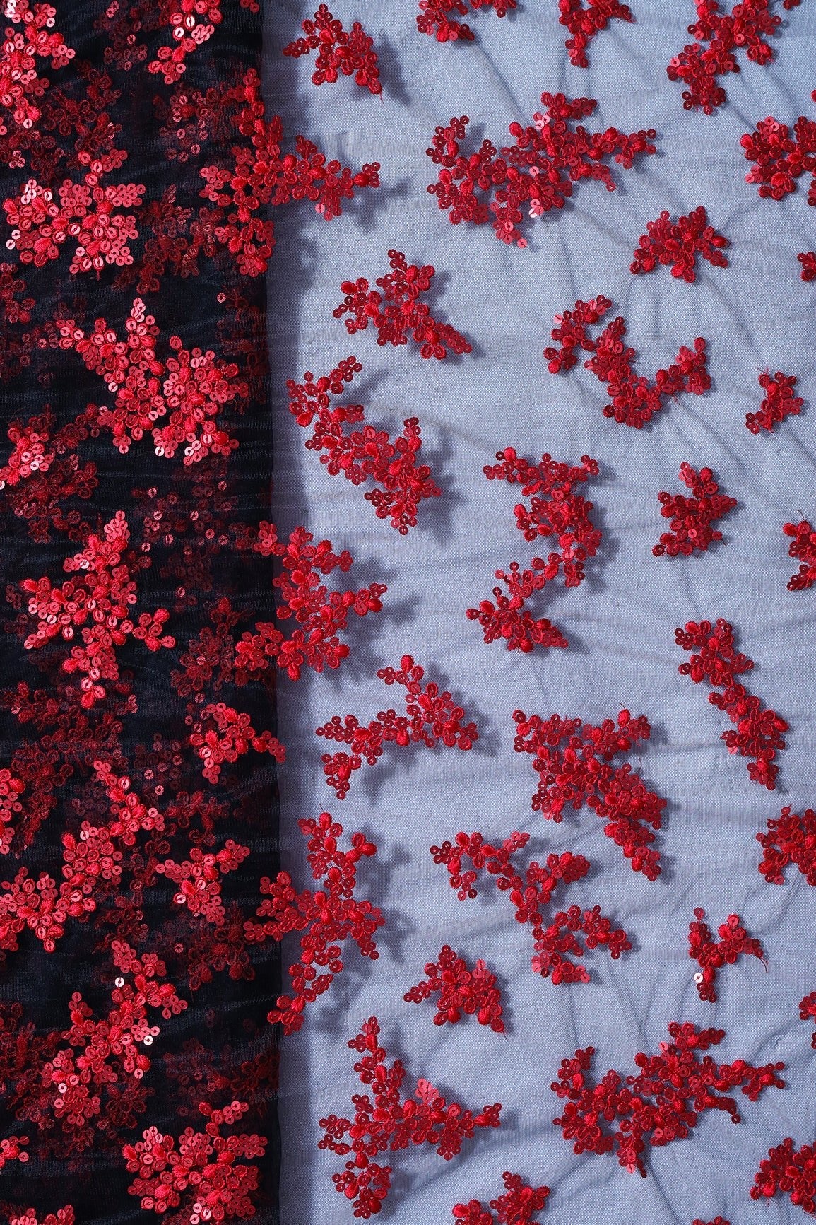 AIzaSyBcstauz-XMPRhEY21AUzeo032pxrXB5Ug - Exclusive Red Thread With Sequins Abstract Embroidery Work On Black Soft Net Fabric