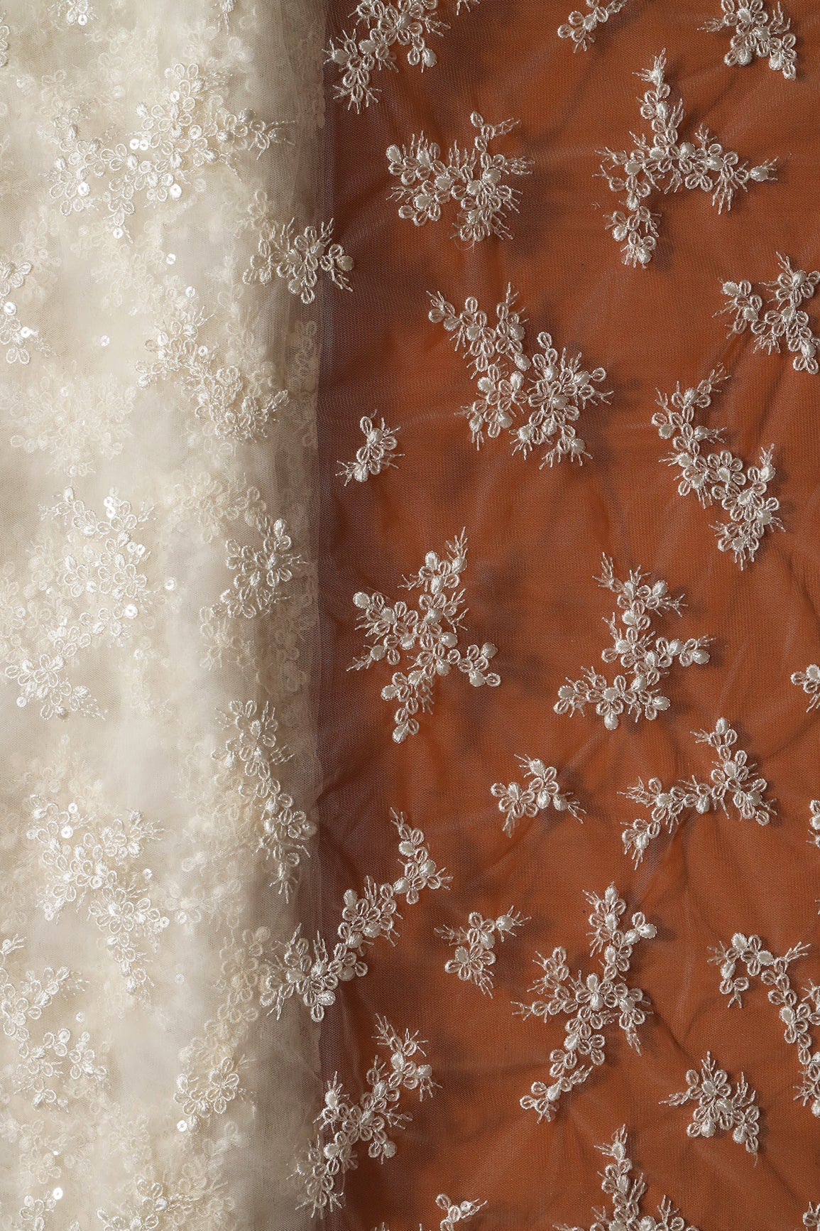 AIzaSyBcstauz-XMPRhEY21AUzeo032pxrXB5Ug - Exclusive White Thread With Sequins Abstract Embroidery Work On Dyeable White Soft Net Fabric