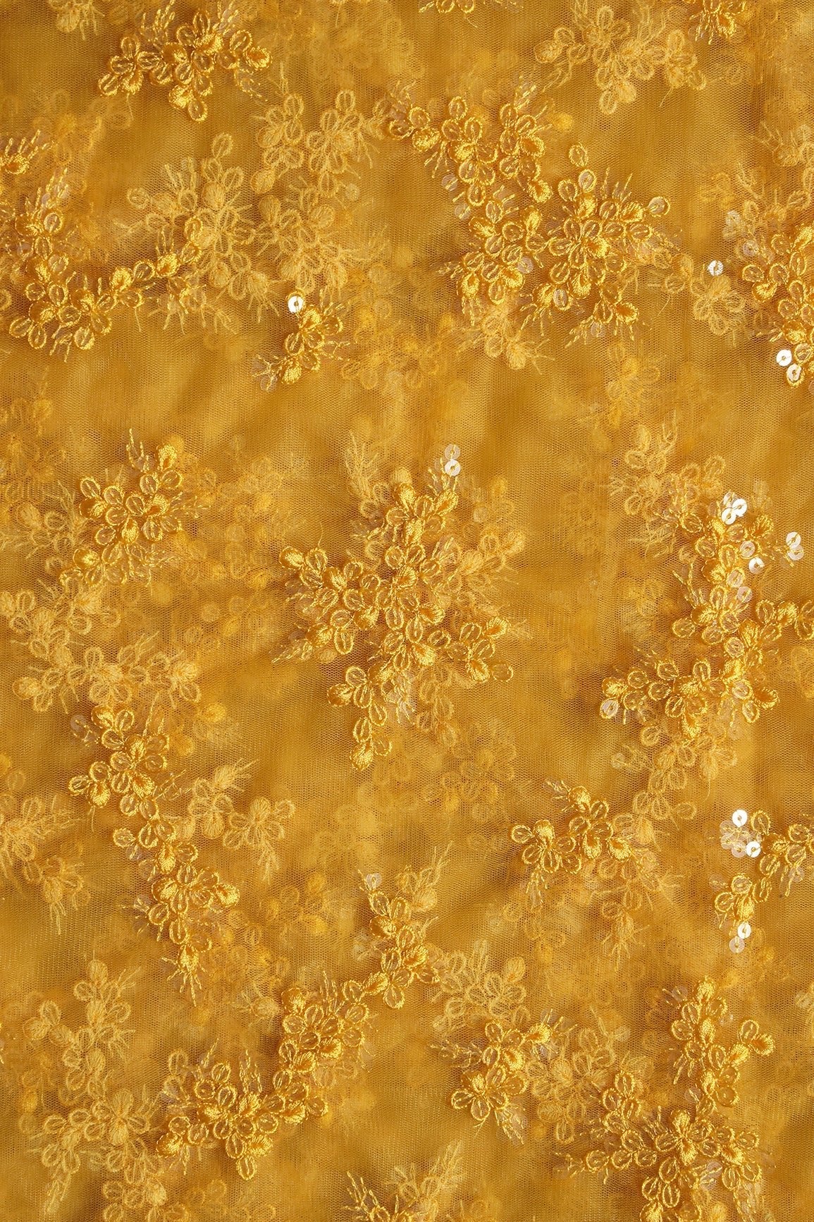 AIzaSyBcstauz-XMPRhEY21AUzeo032pxrXB5Ug - Exclusive Yellow Thread With Sequins Abstract Embroidery Work On Mustard Yellow Soft Net Fabric