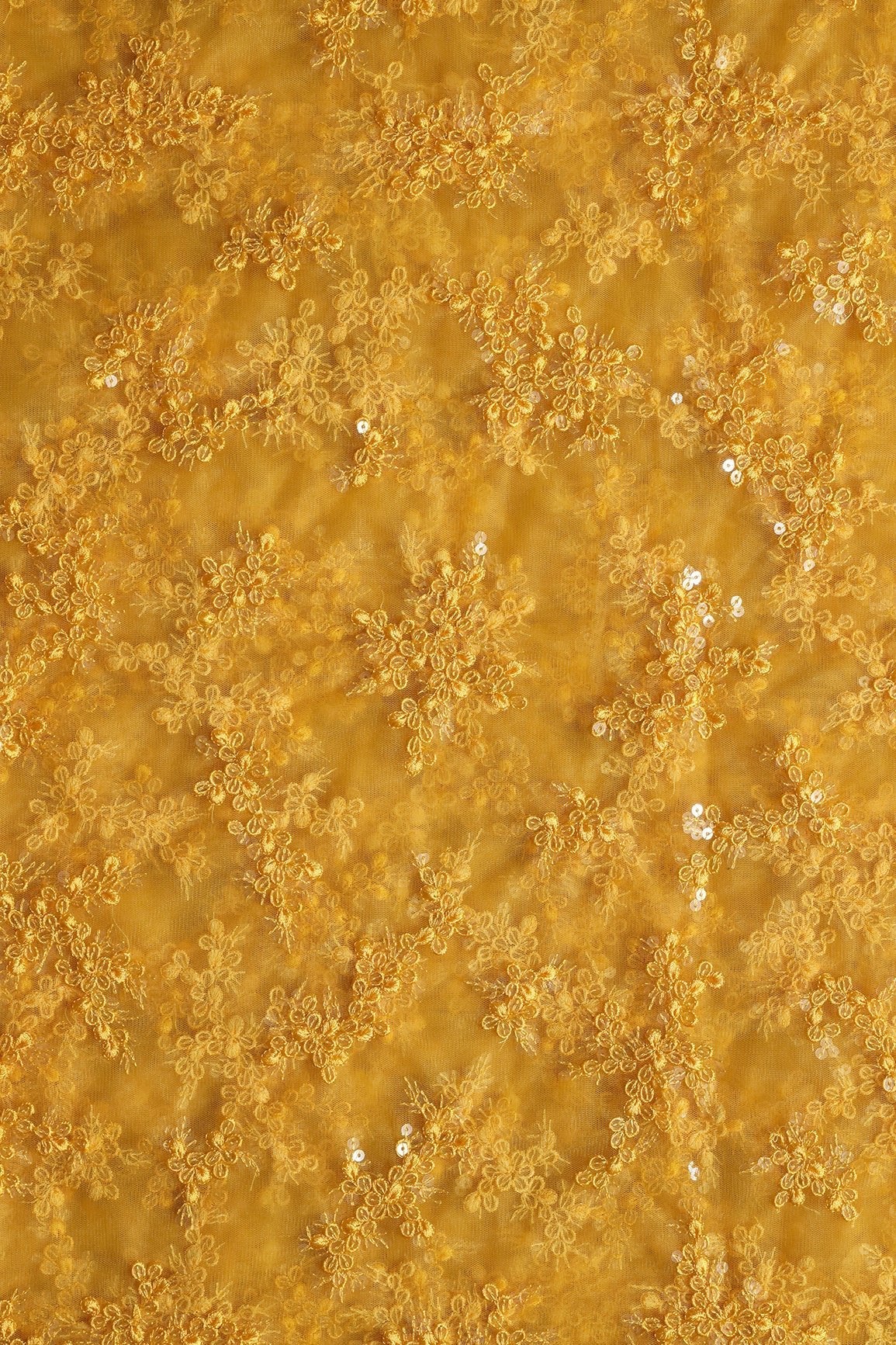 AIzaSyBcstauz-XMPRhEY21AUzeo032pxrXB5Ug - Exclusive Yellow Thread With Sequins Abstract Embroidery Work On Mustard Yellow Soft Net Fabric