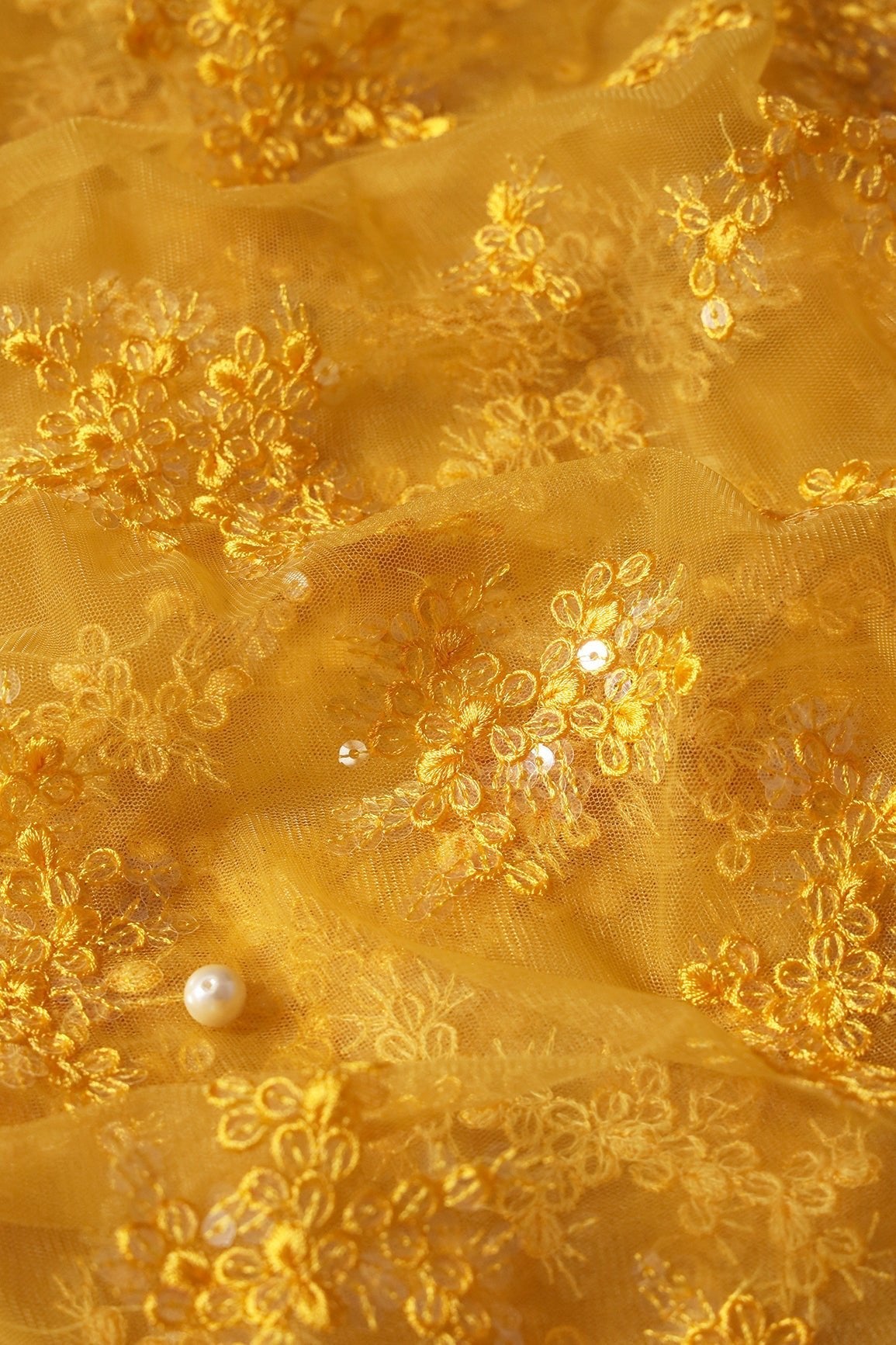 AIzaSyBcstauz-XMPRhEY21AUzeo032pxrXB5Ug - Exclusive Yellow Thread With Sequins Abstract Embroidery Work On Mustard Yellow Soft Net Fabric