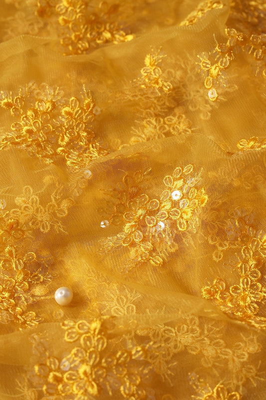AIzaSyBcstauz-XMPRhEY21AUzeo032pxrXB5Ug - Exclusive Yellow Thread With Sequins Abstract Embroidery Work On Mustard Yellow Soft Net Fabric