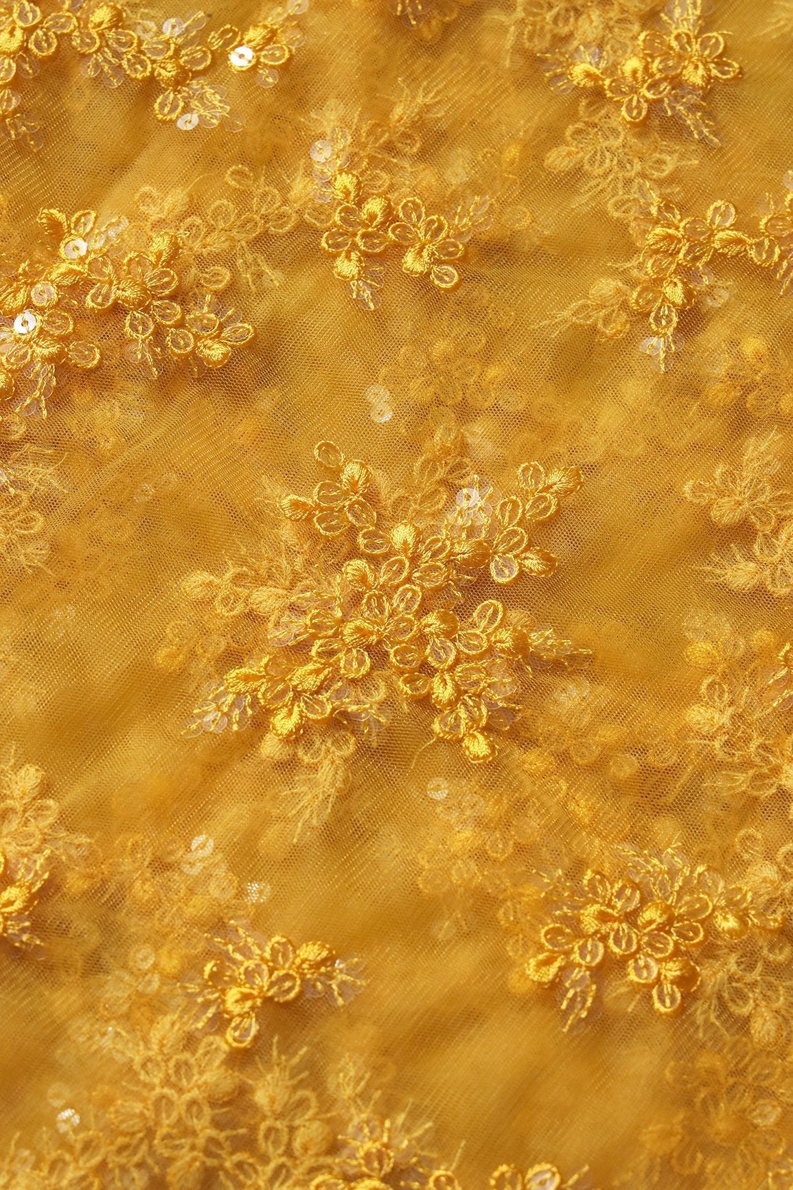 AIzaSyBcstauz-XMPRhEY21AUzeo032pxrXB5Ug - Exclusive Yellow Thread With Sequins Abstract Embroidery Work On Mustard Yellow Soft Net Fabric