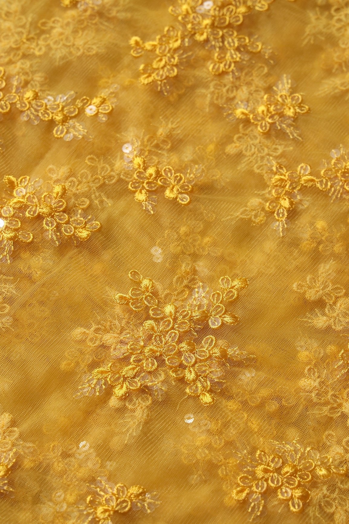 AIzaSyBcstauz-XMPRhEY21AUzeo032pxrXB5Ug - Exclusive Yellow Thread With Sequins Abstract Embroidery Work On Mustard Yellow Soft Net Fabric