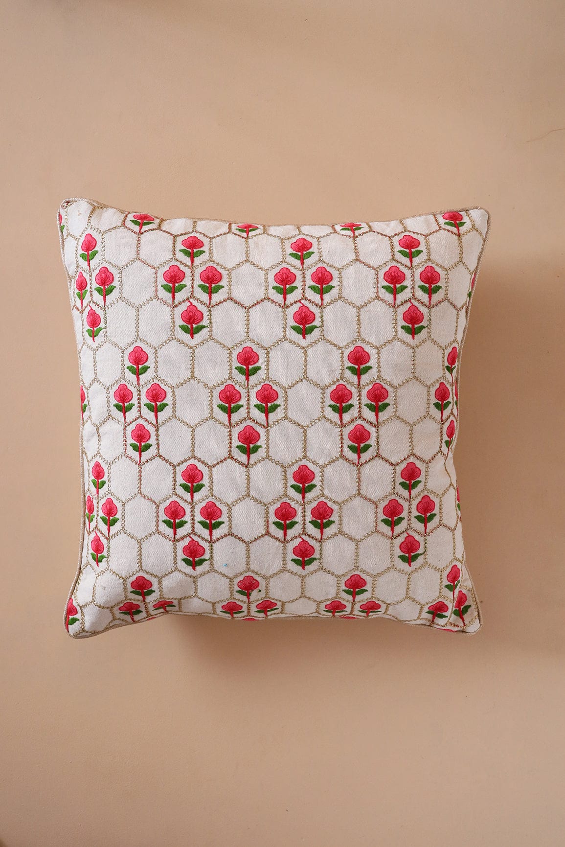 AIzaSyBcstauz-XMPRhEY21AUzeo032pxrXB5Ug - Floral Embroidery on off white cotton Cushion Cover (16*16 inches)