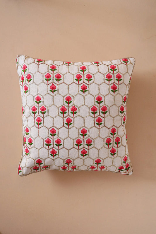 AIzaSyBcstauz-XMPRhEY21AUzeo032pxrXB5Ug - Floral Embroidery on off white cotton Cushion Cover (16*16 inches)
