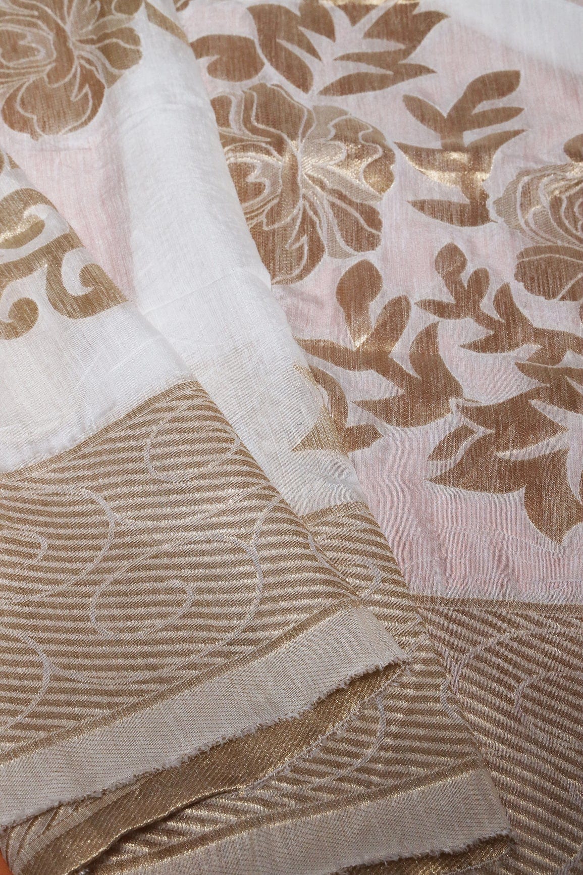 AIzaSyBcstauz-XMPRhEY21AUzeo032pxrXB5Ug - Floral Gold Zari Jacquard White Dyeable Chanderi Dupatta With Border