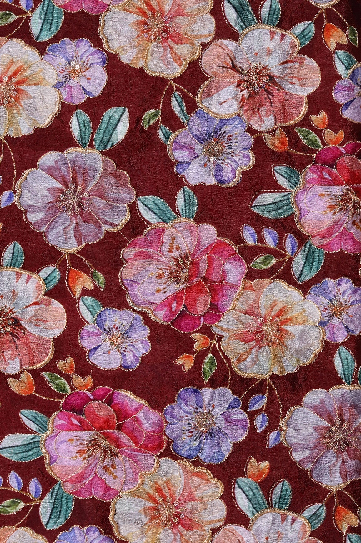 AIzaSyBcstauz-XMPRhEY21AUzeo032pxrXB5Ug - Floral Position Print On Sequins Embroidery Maroon Viscose Chinnon Chiffon Fabric