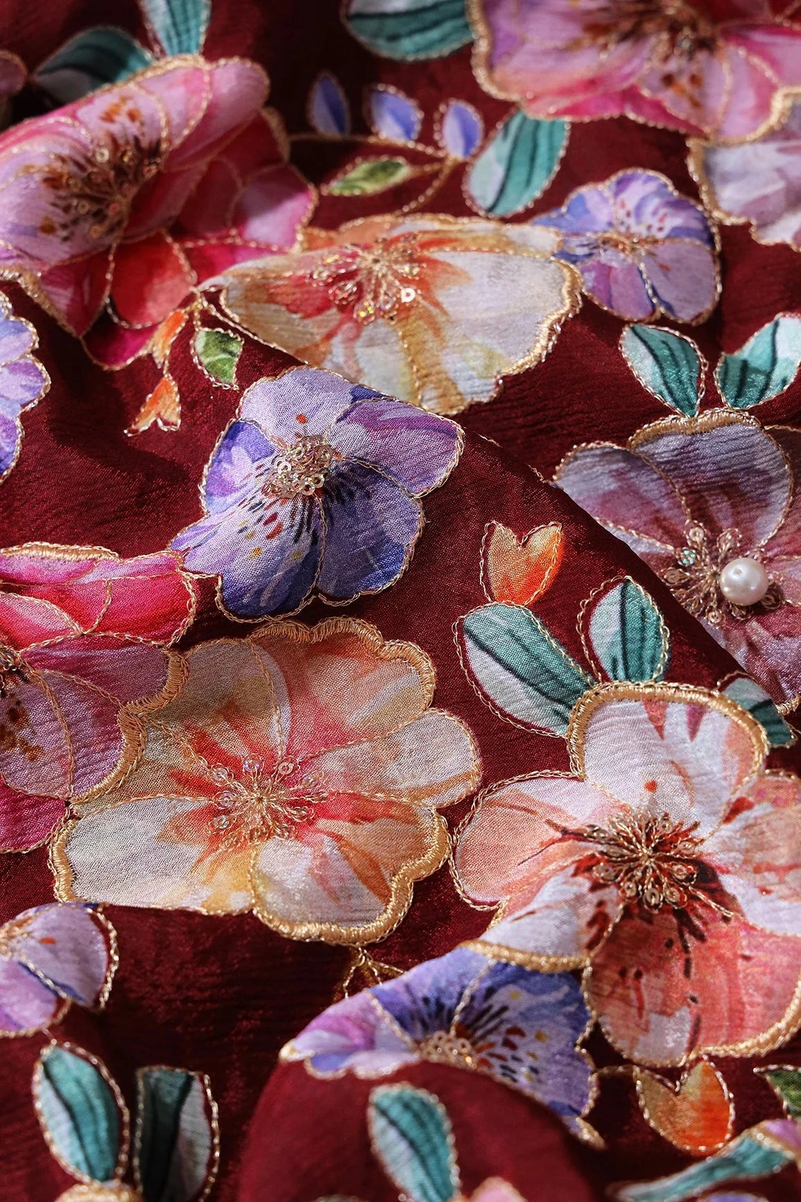 AIzaSyBcstauz-XMPRhEY21AUzeo032pxrXB5Ug - Floral Position Print On Sequins Embroidery Maroon Viscose Chinnon Chiffon Fabric