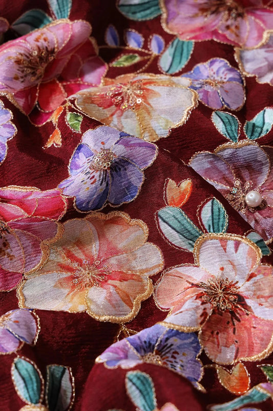 AIzaSyBcstauz-XMPRhEY21AUzeo032pxrXB5Ug - Floral Position Print On Sequins Embroidery Maroon Viscose Chinnon Chiffon Fabric