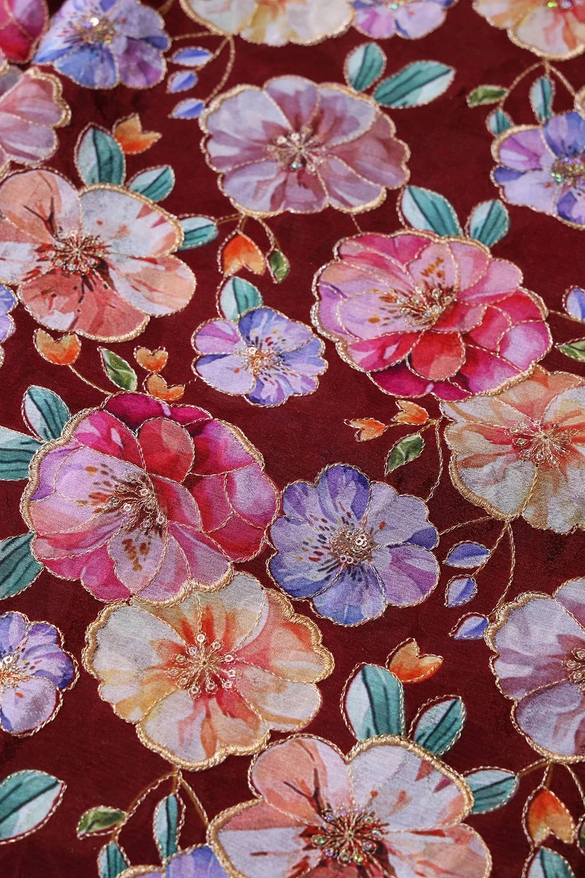 AIzaSyBcstauz-XMPRhEY21AUzeo032pxrXB5Ug - Floral Position Print On Sequins Embroidery Maroon Viscose Chinnon Chiffon Fabric