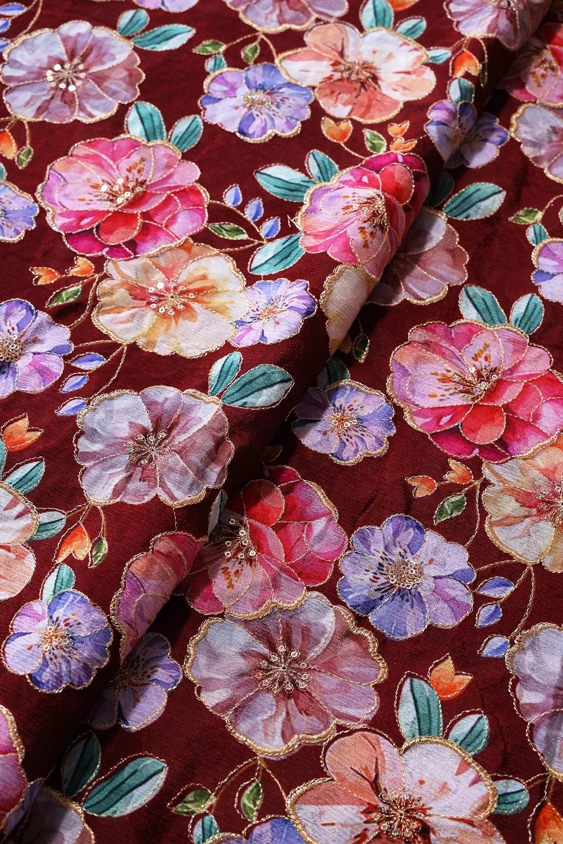 AIzaSyBcstauz-XMPRhEY21AUzeo032pxrXB5Ug - Floral Position Print On Sequins Embroidery Maroon Viscose Chinnon Chiffon Fabric