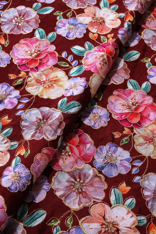 AIzaSyBcstauz-XMPRhEY21AUzeo032pxrXB5Ug - Floral Position Print On Sequins Embroidery Maroon Viscose Chinnon Chiffon Fabric