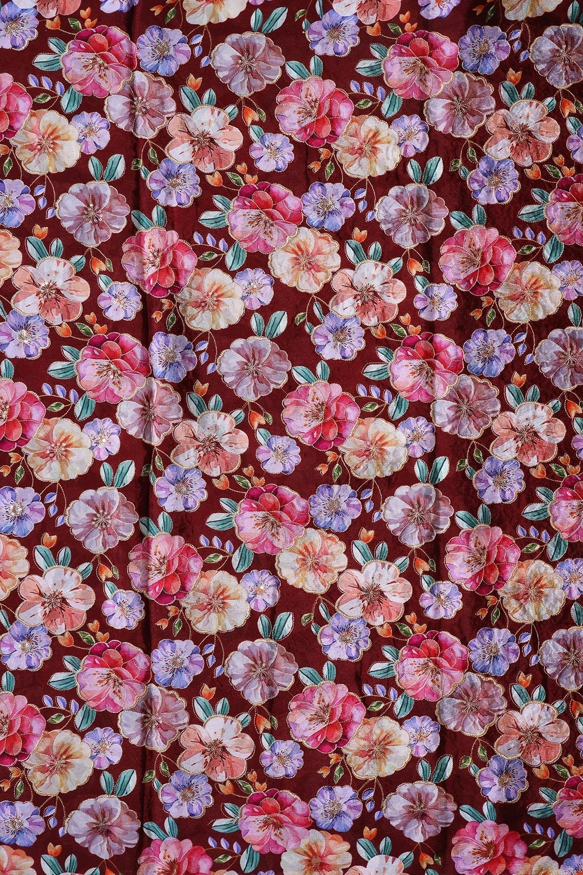 AIzaSyBcstauz-XMPRhEY21AUzeo032pxrXB5Ug - Floral Position Print On Sequins Embroidery Maroon Viscose Chinnon Chiffon Fabric