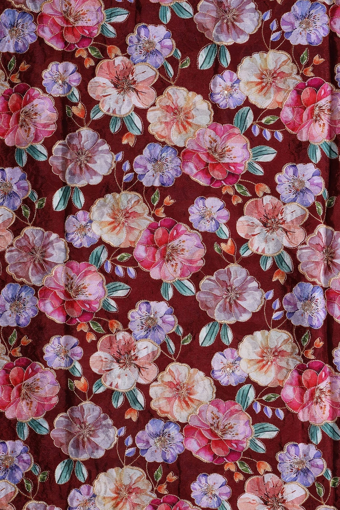 AIzaSyBcstauz-XMPRhEY21AUzeo032pxrXB5Ug - Floral Position Print On Sequins Embroidery Maroon Viscose Chinnon Chiffon Fabric