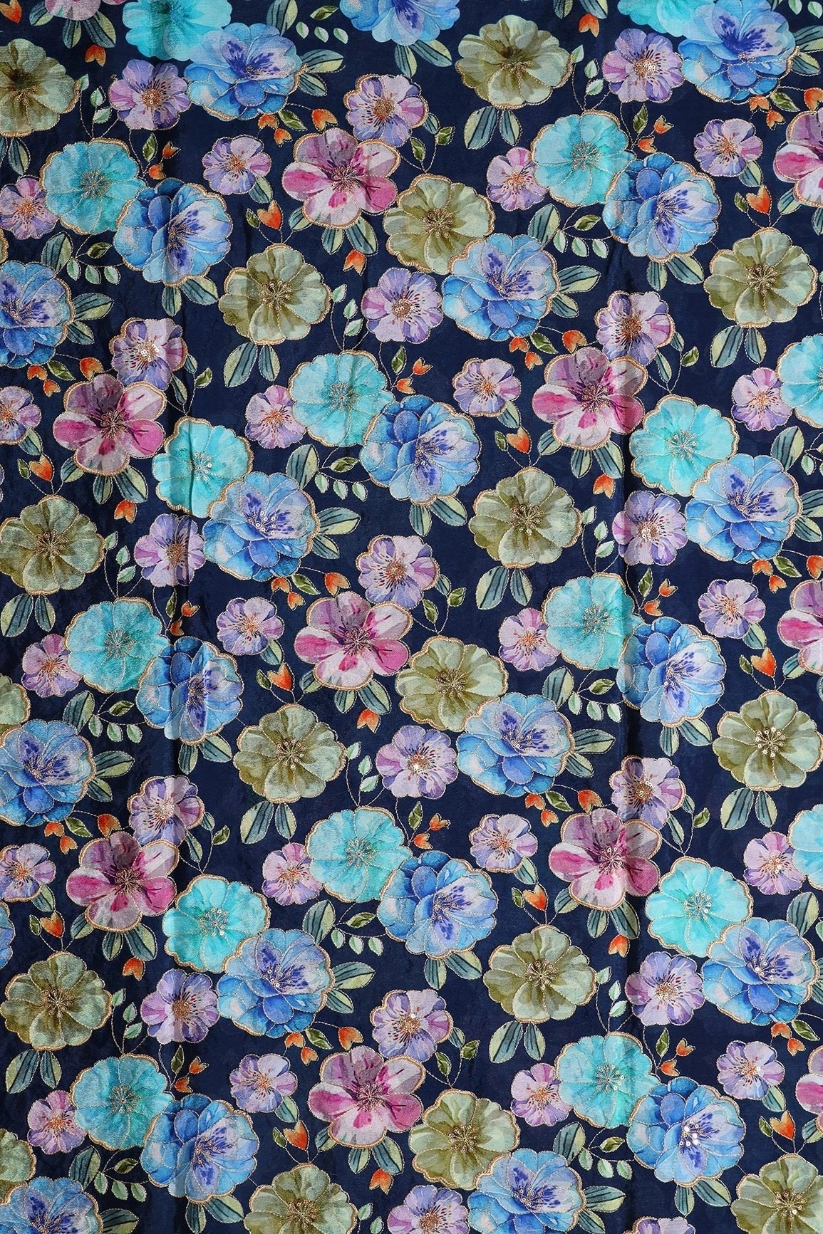AIzaSyBcstauz-XMPRhEY21AUzeo032pxrXB5Ug - Floral Position Print On Sequins Embroidery Navy Blue Viscose Chinnon Chiffon Fabric