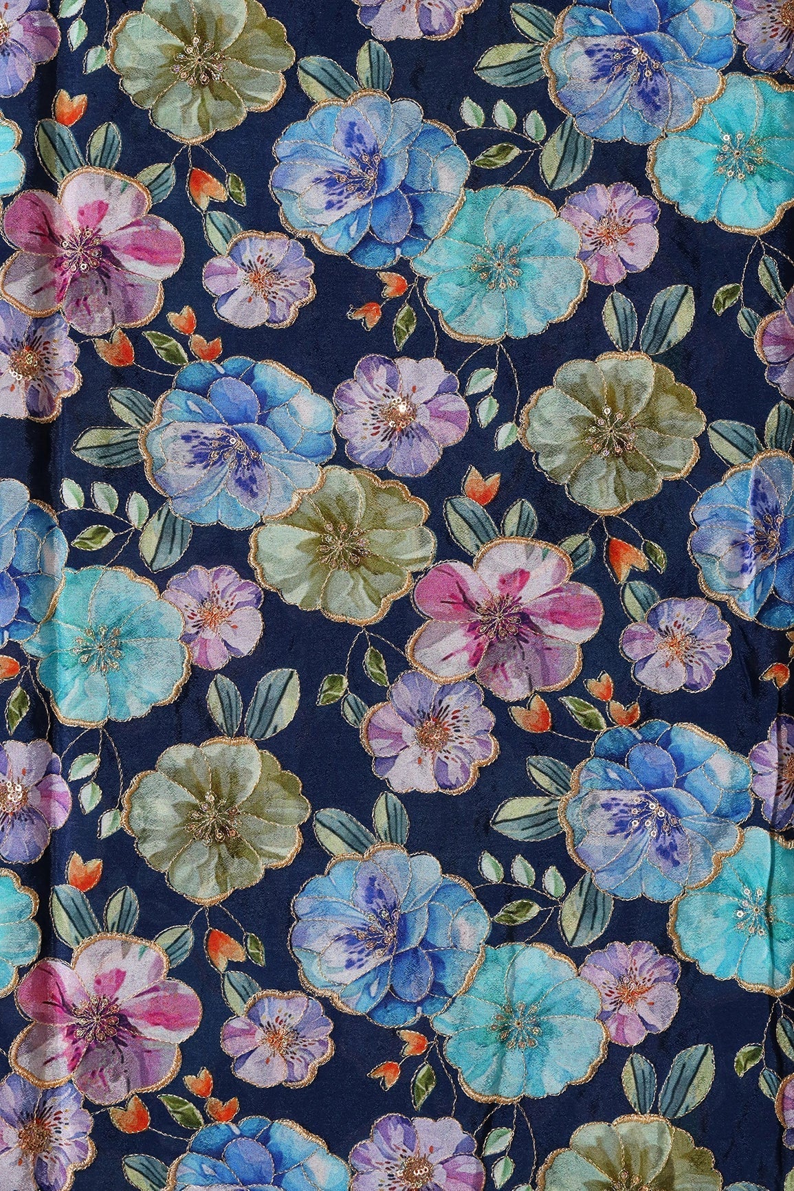 AIzaSyBcstauz-XMPRhEY21AUzeo032pxrXB5Ug - Floral Position Print On Sequins Embroidery Navy Blue Viscose Chinnon Chiffon Fabric