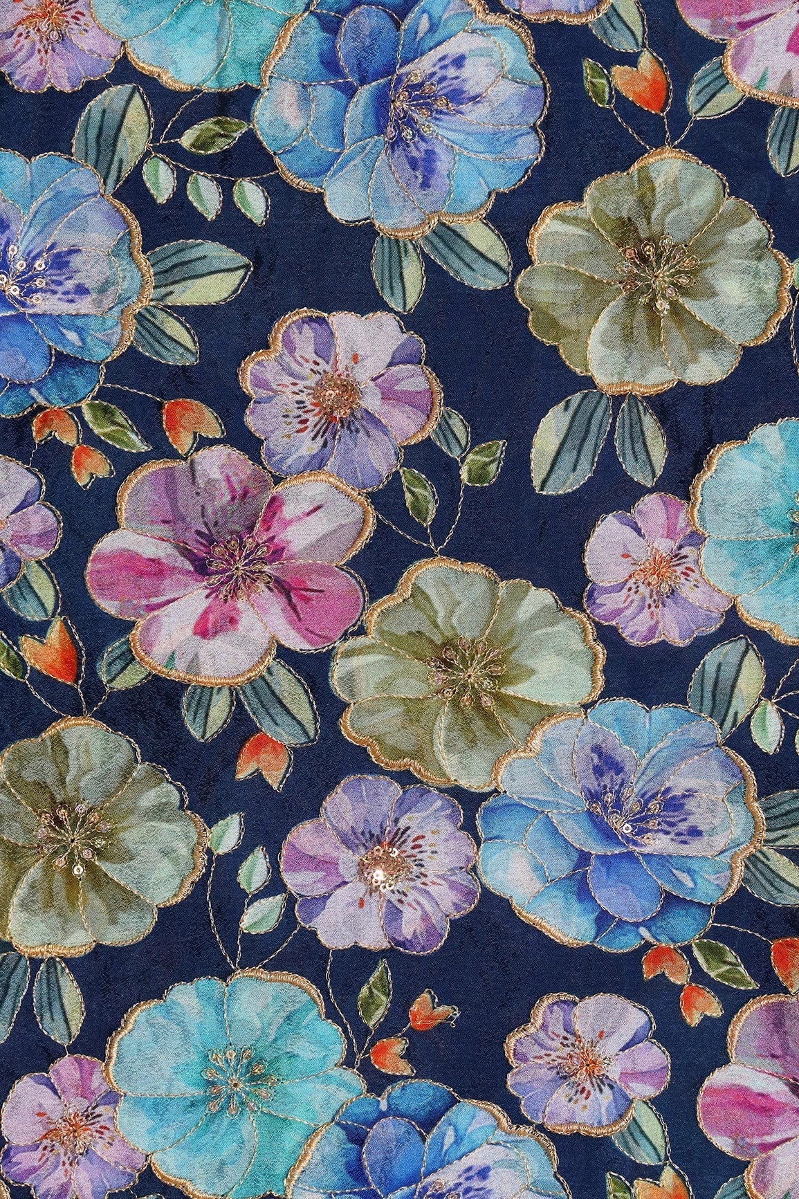 AIzaSyBcstauz-XMPRhEY21AUzeo032pxrXB5Ug - Floral Position Print On Sequins Embroidery Navy Blue Viscose Chinnon Chiffon Fabric