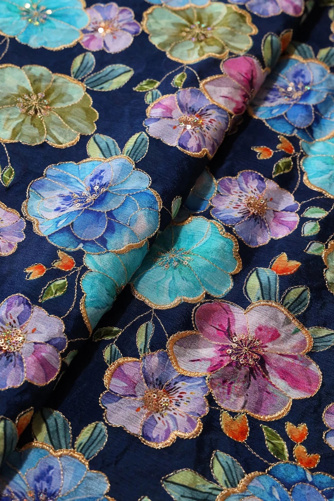 AIzaSyBcstauz-XMPRhEY21AUzeo032pxrXB5Ug - Floral Position Print On Sequins Embroidery Navy Blue Viscose Chinnon Chiffon Fabric