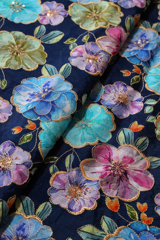 AIzaSyBcstauz-XMPRhEY21AUzeo032pxrXB5Ug - Floral Position Print On Sequins Embroidery Navy Blue Viscose Chinnon Chiffon Fabric