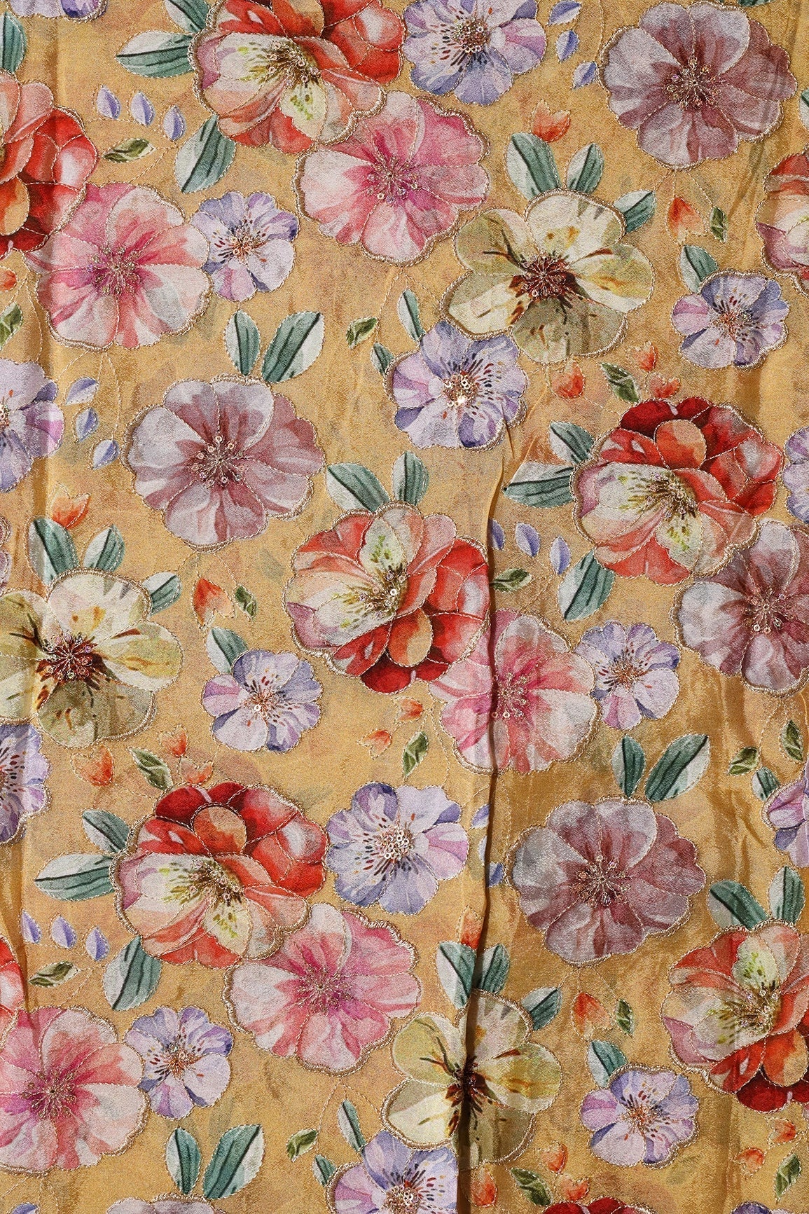 AIzaSyBcstauz-XMPRhEY21AUzeo032pxrXB5Ug - Floral Position Print On Sequins Embroidery Yellow Viscose Chinnon Chiffon Fabric