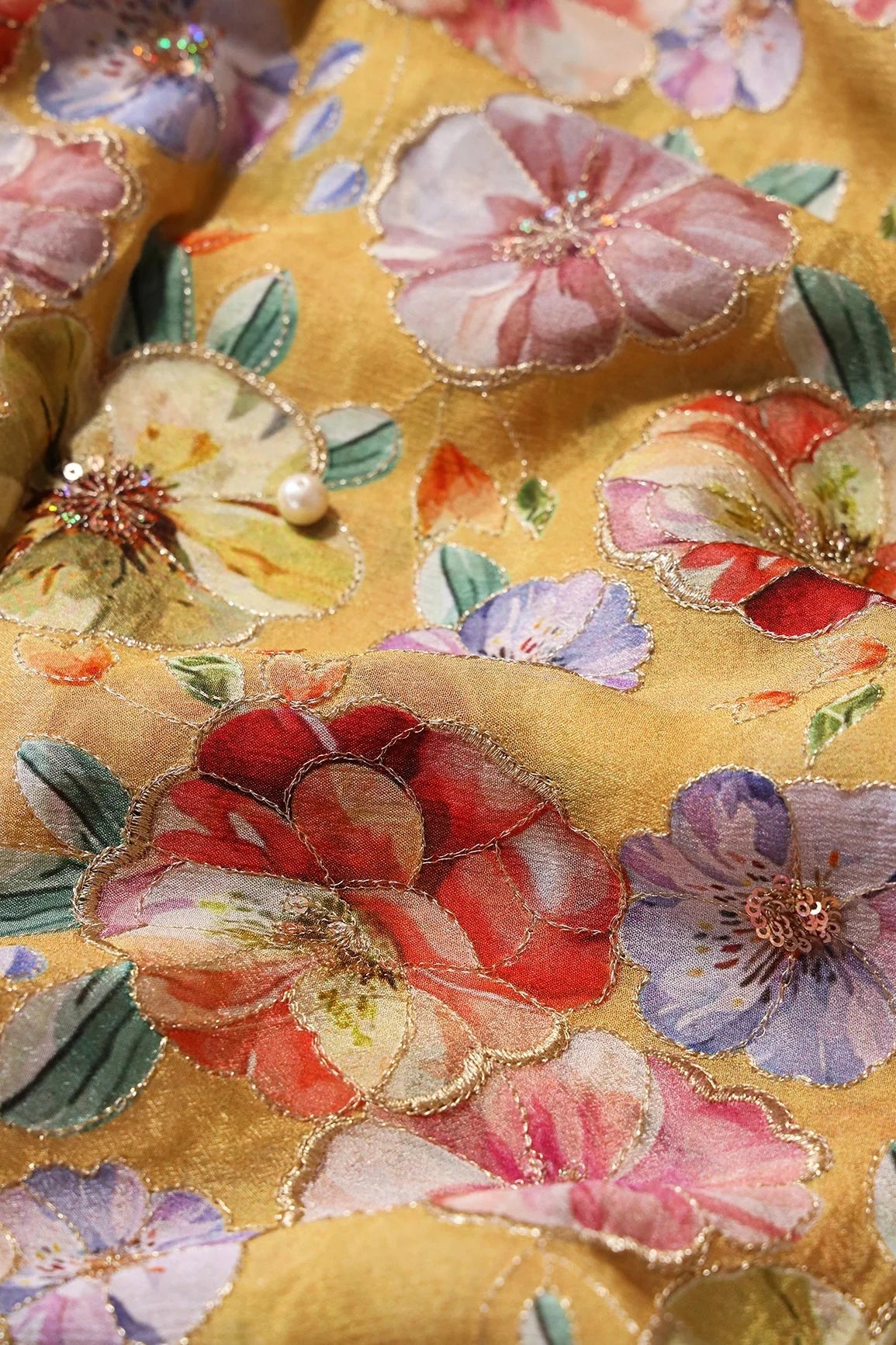 AIzaSyBcstauz-XMPRhEY21AUzeo032pxrXB5Ug - Floral Position Print On Sequins Embroidery Yellow Viscose Chinnon Chiffon Fabric