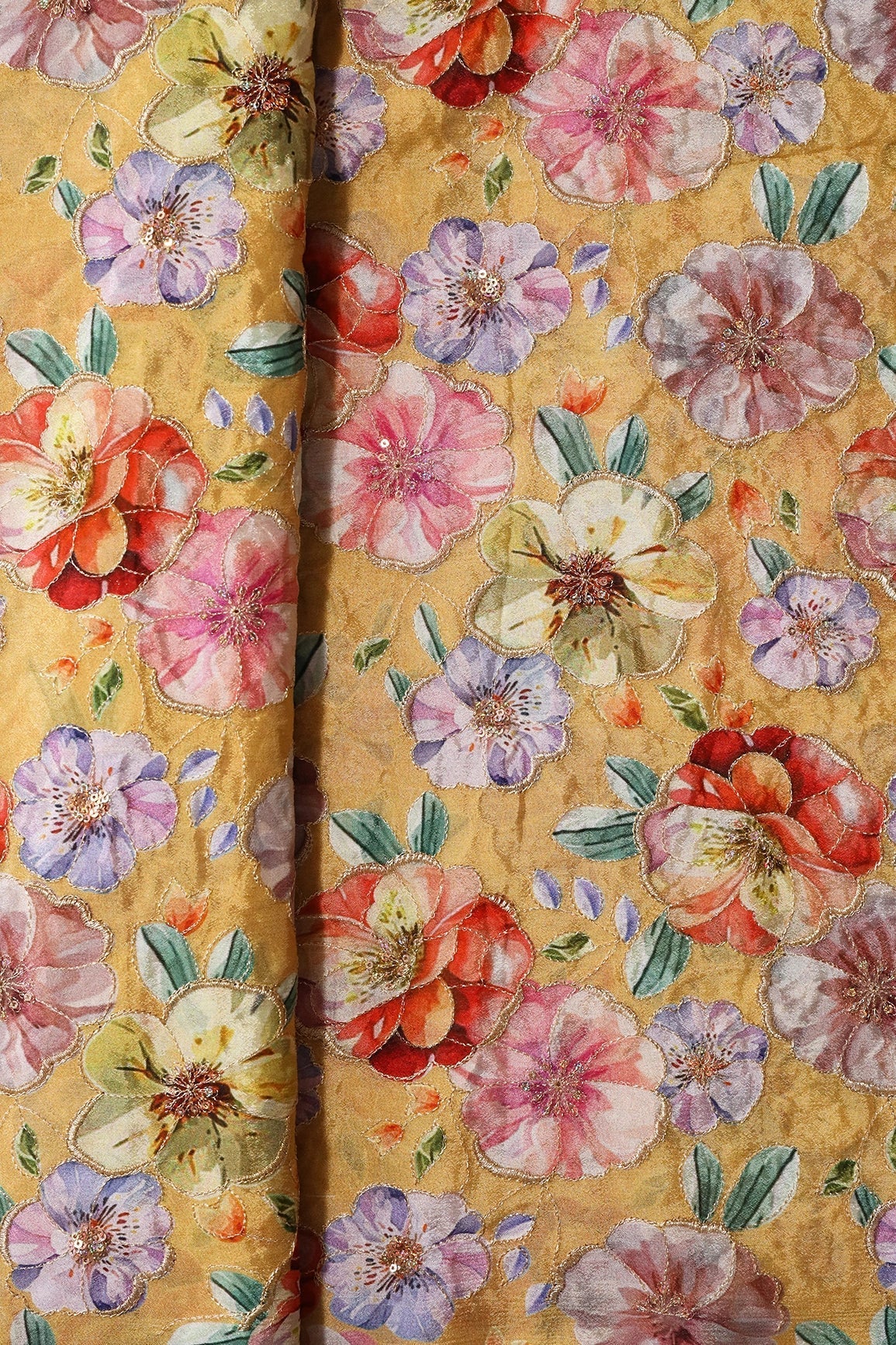 AIzaSyBcstauz-XMPRhEY21AUzeo032pxrXB5Ug - Floral Position Print On Sequins Embroidery Yellow Viscose Chinnon Chiffon Fabric