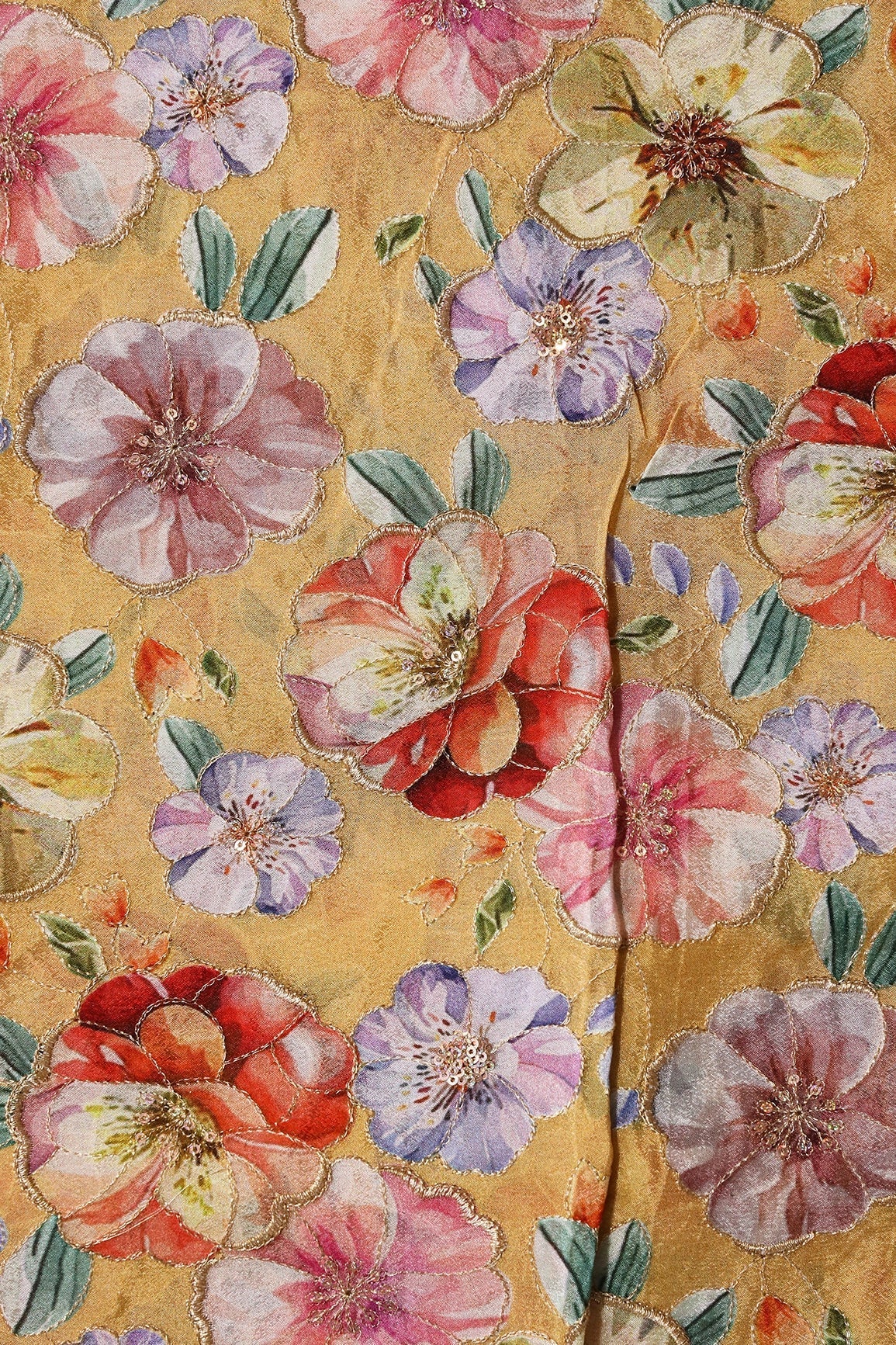 AIzaSyBcstauz-XMPRhEY21AUzeo032pxrXB5Ug - Floral Position Print On Sequins Embroidery Yellow Viscose Chinnon Chiffon Fabric