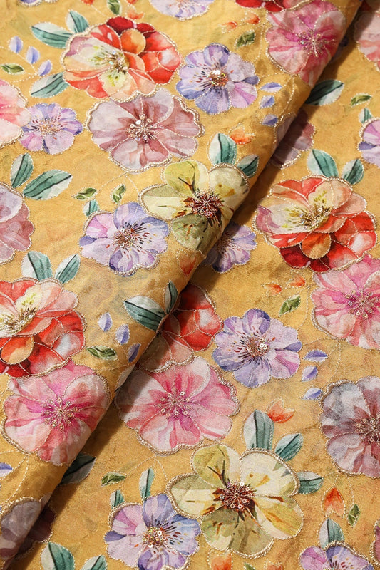 AIzaSyBcstauz-XMPRhEY21AUzeo032pxrXB5Ug - Floral Position Print On Sequins Embroidery Yellow Viscose Chinnon Chiffon Fabric