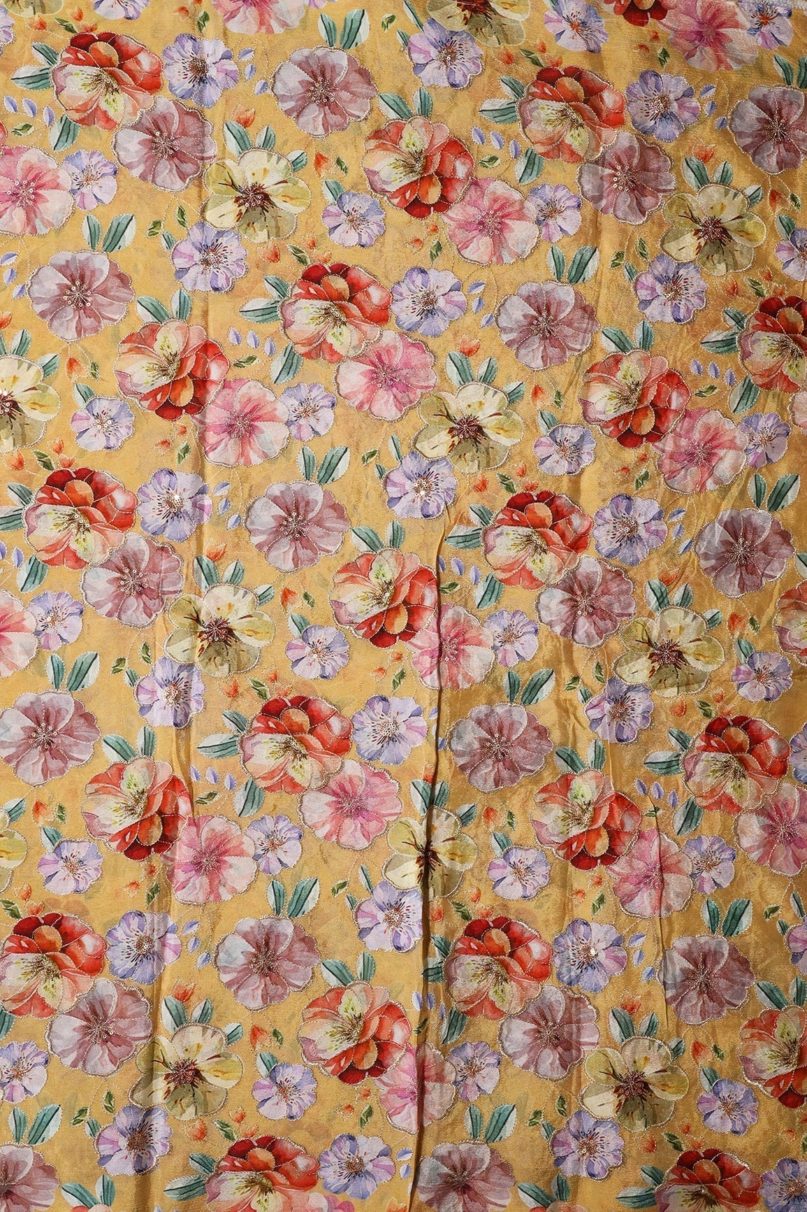 AIzaSyBcstauz-XMPRhEY21AUzeo032pxrXB5Ug - Floral Position Print On Sequins Embroidery Yellow Viscose Chinnon Chiffon Fabric
