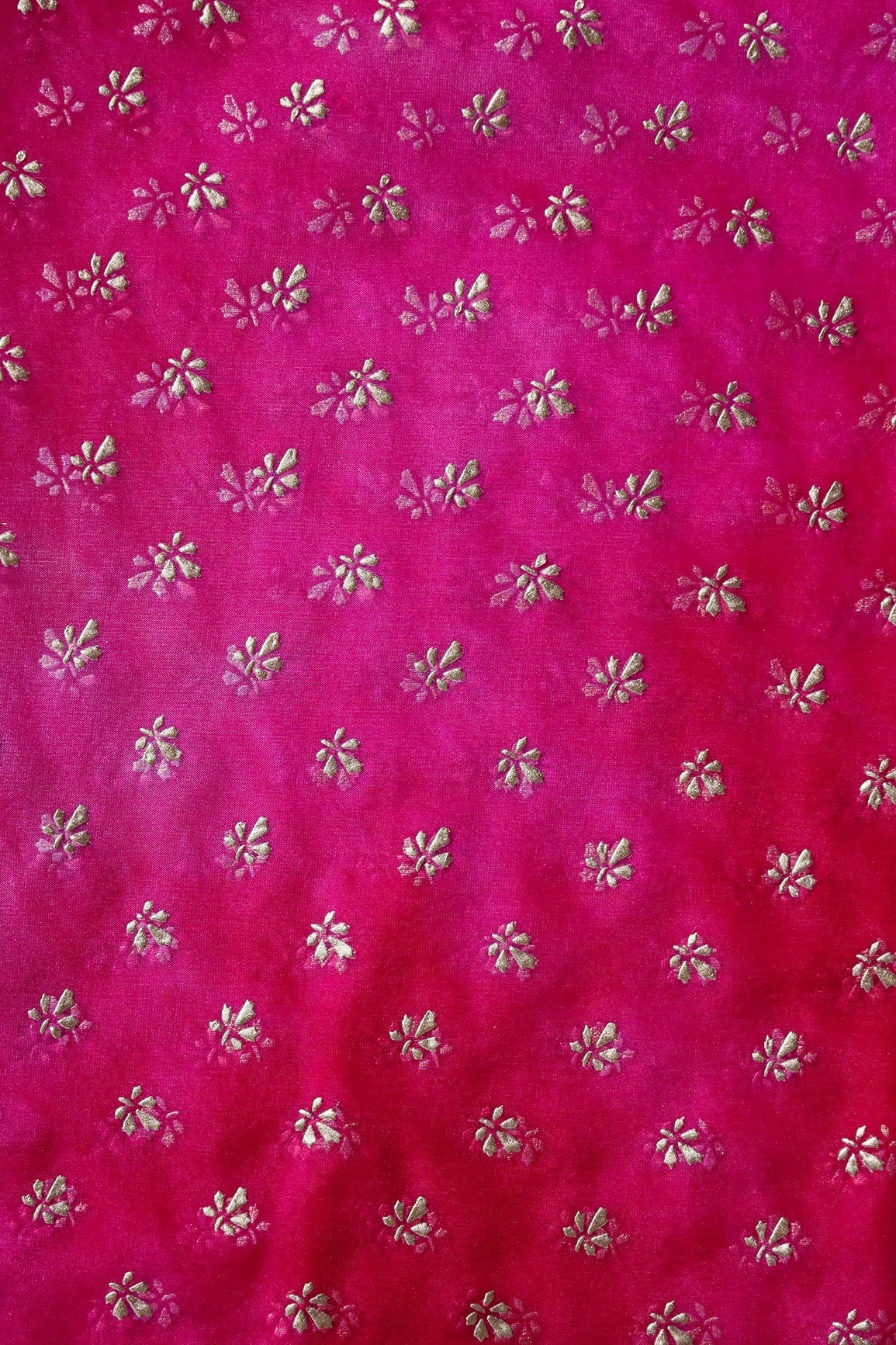 AIzaSyBcstauz-XMPRhEY21AUzeo032pxrXB5Ug - Fuchsia Tie & Dye Shibori Small Floral Motif Foil Print On Organza Fabric