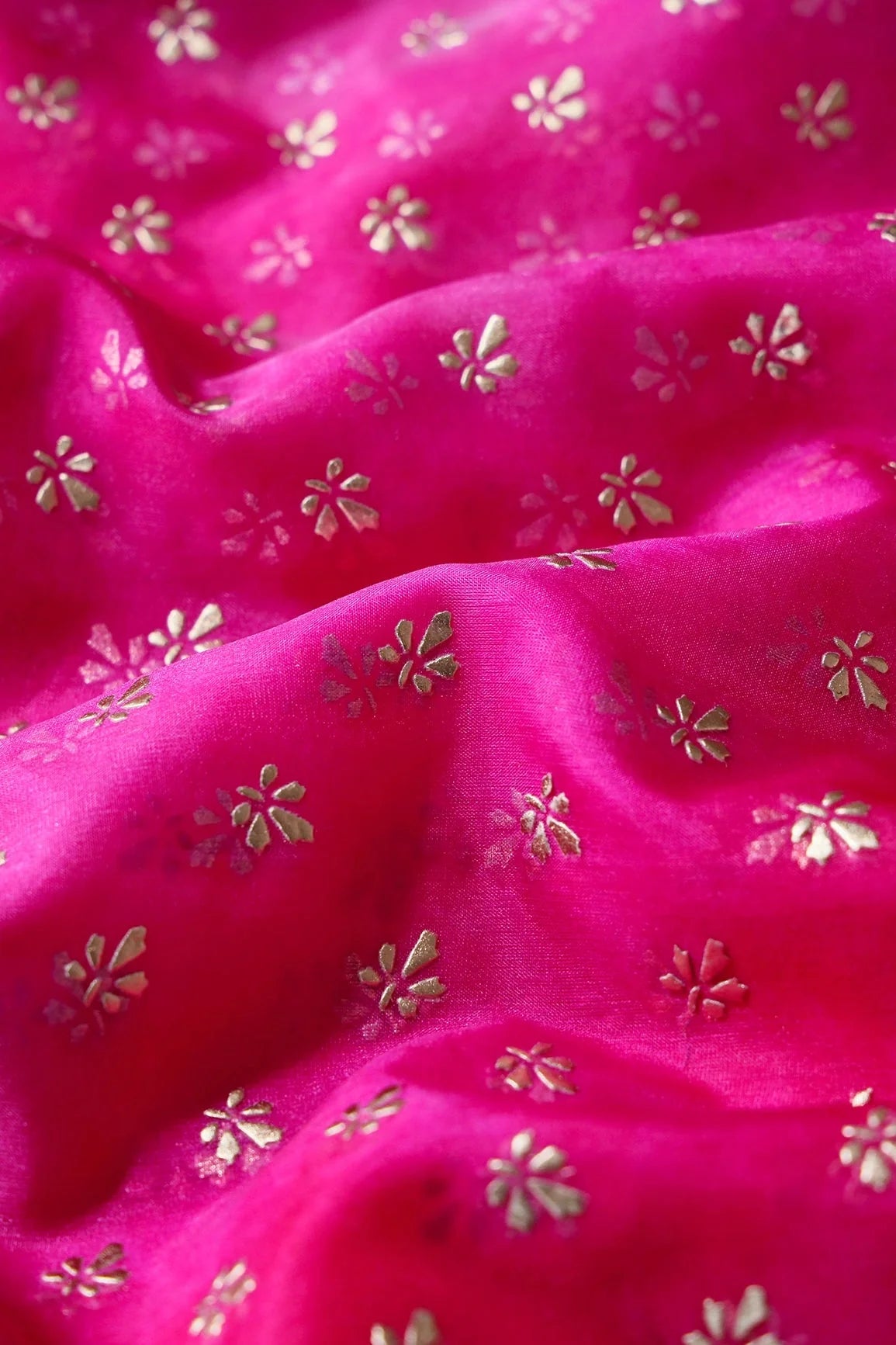 AIzaSyBcstauz-XMPRhEY21AUzeo032pxrXB5Ug - Fuchsia Tie & Dye Shibori Small Floral Motif Foil Print On Organza Fabric
