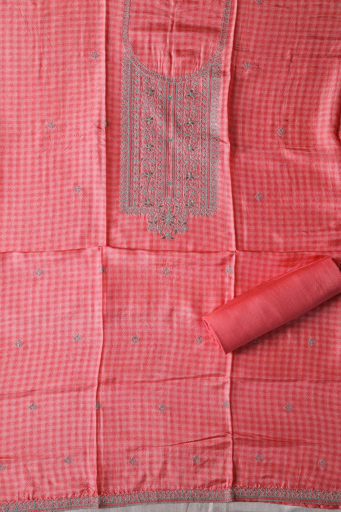 AIzaSyBcstauz-XMPRhEY21AUzeo032pxrXB5Ug - Gajri Pink Semi Stitched Pure Dola Silk Suit Set (3 piece)