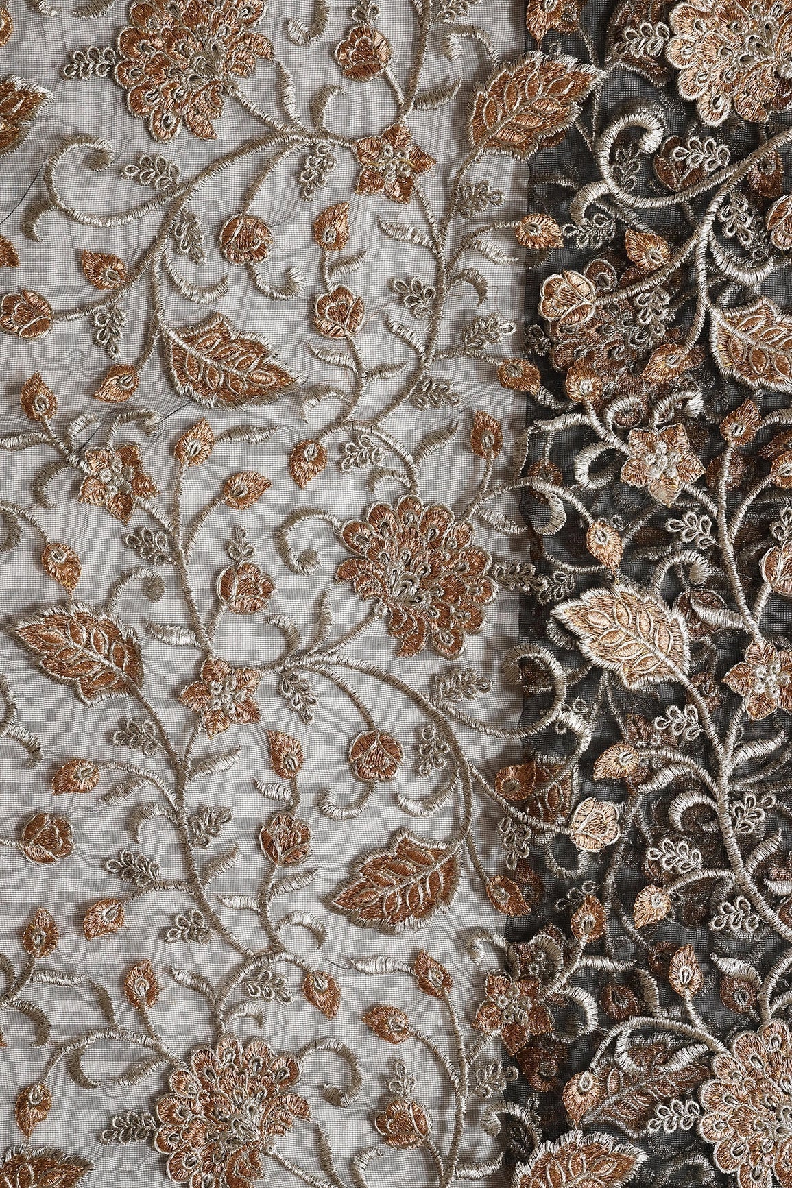 AIzaSyBcstauz-XMPRhEY21AUzeo032pxrXB5Ug - Gold And Copper Heavy Zari Floral Embroidery On Black Soft Net Fabric