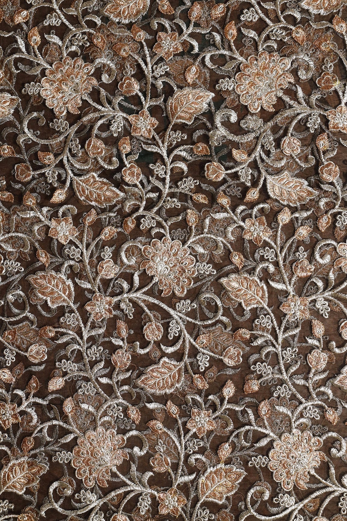AIzaSyBcstauz-XMPRhEY21AUzeo032pxrXB5Ug - Gold And Copper Heavy Zari Floral Embroidery On Black Soft Net Fabric