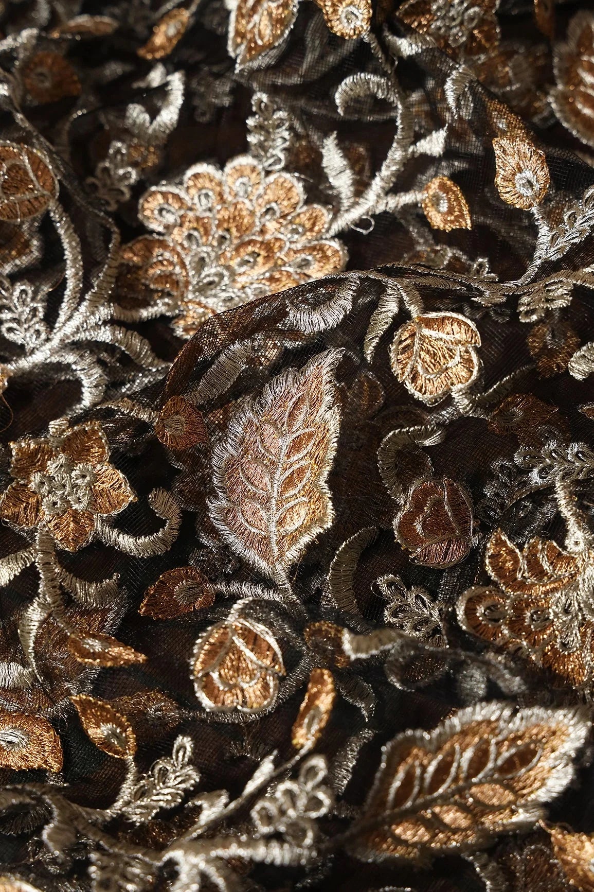 AIzaSyBcstauz-XMPRhEY21AUzeo032pxrXB5Ug - Gold And Copper Heavy Zari Floral Embroidery On Black Soft Net Fabric