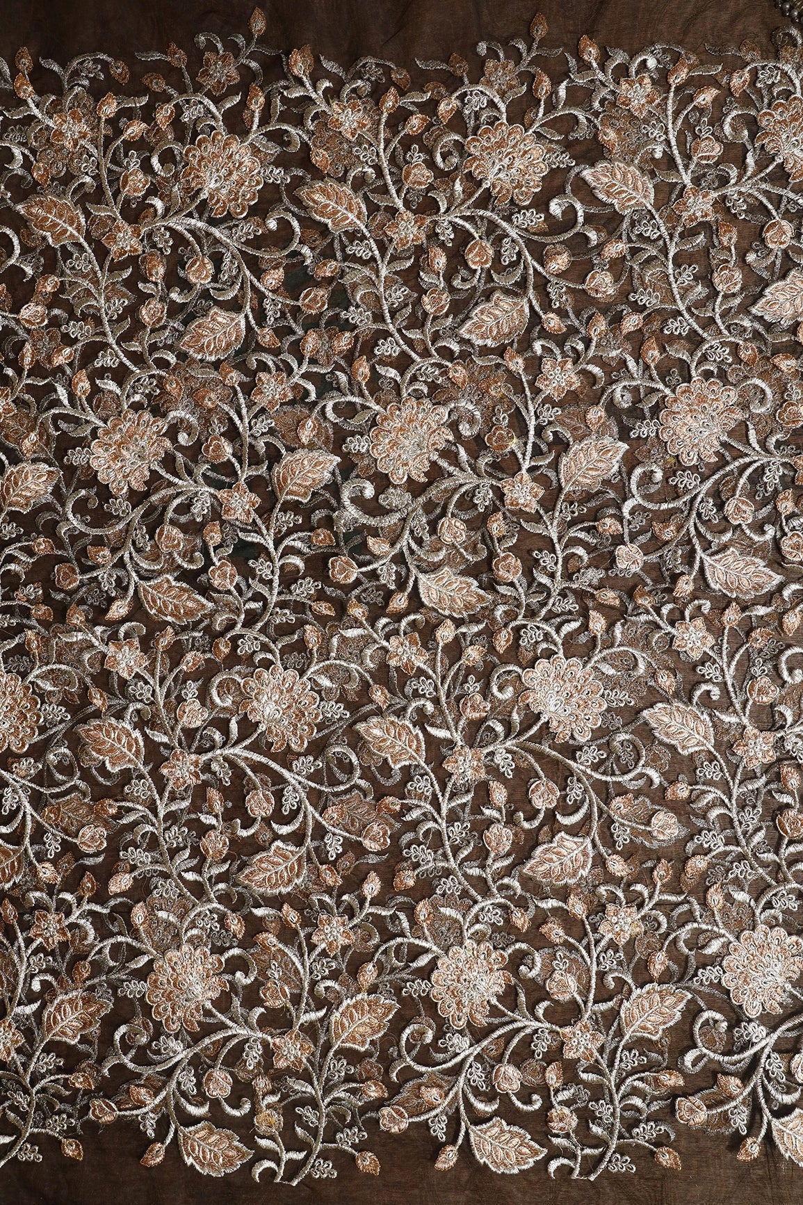 AIzaSyBcstauz-XMPRhEY21AUzeo032pxrXB5Ug - Gold And Copper Heavy Zari Floral Embroidery On Black Soft Net Fabric