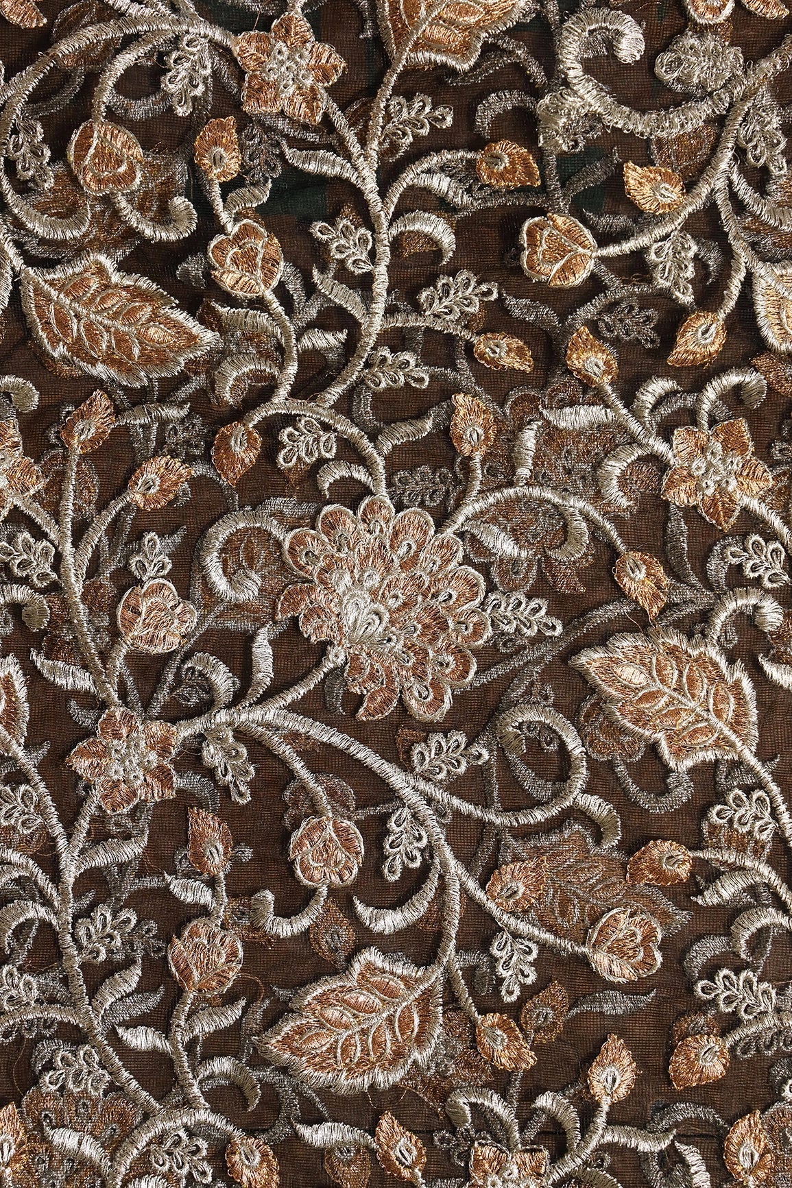 AIzaSyBcstauz-XMPRhEY21AUzeo032pxrXB5Ug - Gold And Copper Heavy Zari Floral Embroidery On Black Soft Net Fabric