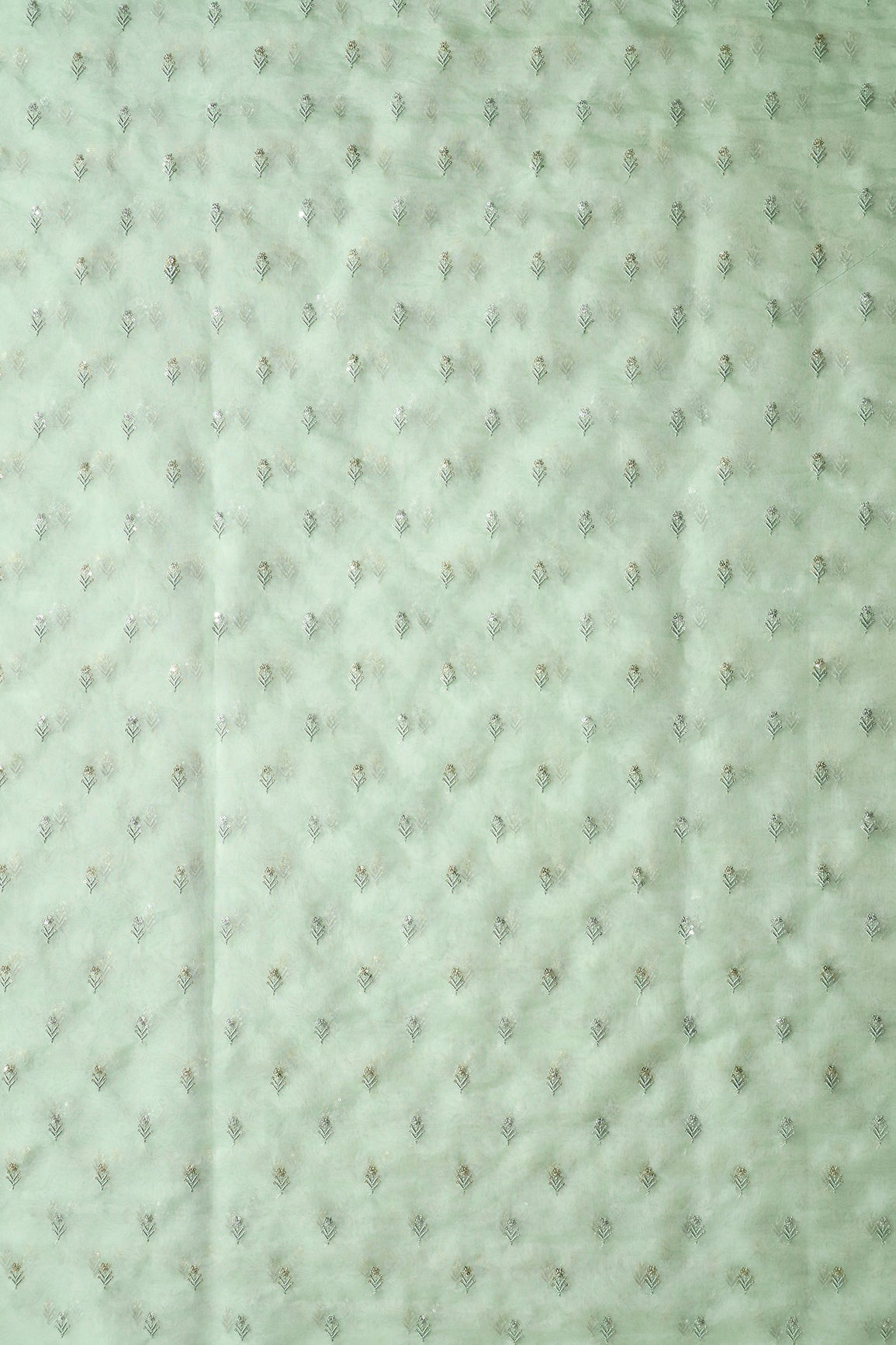 AIzaSyBcstauz-XMPRhEY21AUzeo032pxrXB5Ug - Gold And Silver Sequins Beautiful Small Floral Motif Embroidery Work On Pastel Olive Organza Fabric