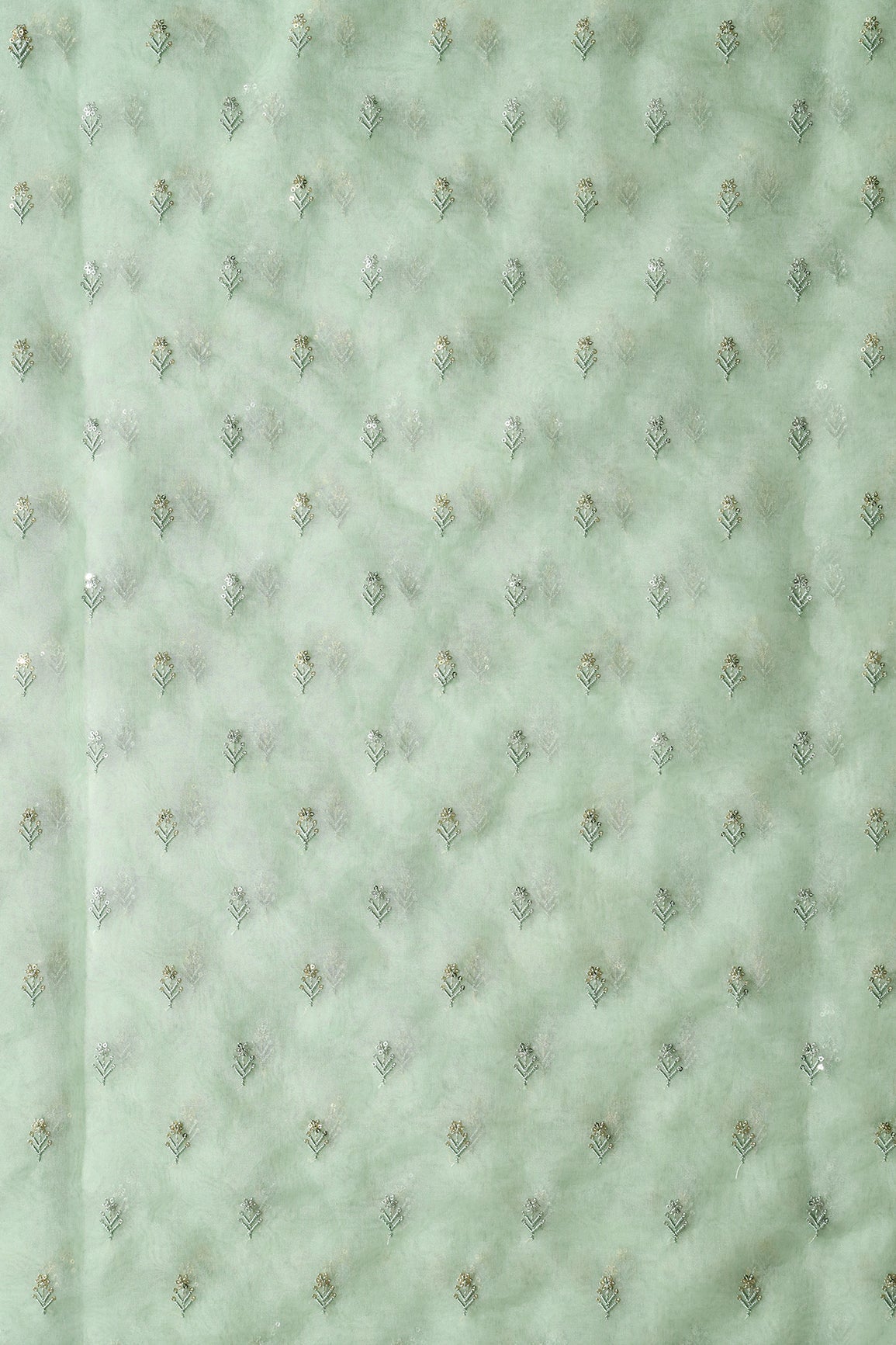 AIzaSyBcstauz-XMPRhEY21AUzeo032pxrXB5Ug - Gold And Silver Sequins Beautiful Small Floral Motif Embroidery Work On Pastel Olive Organza Fabric