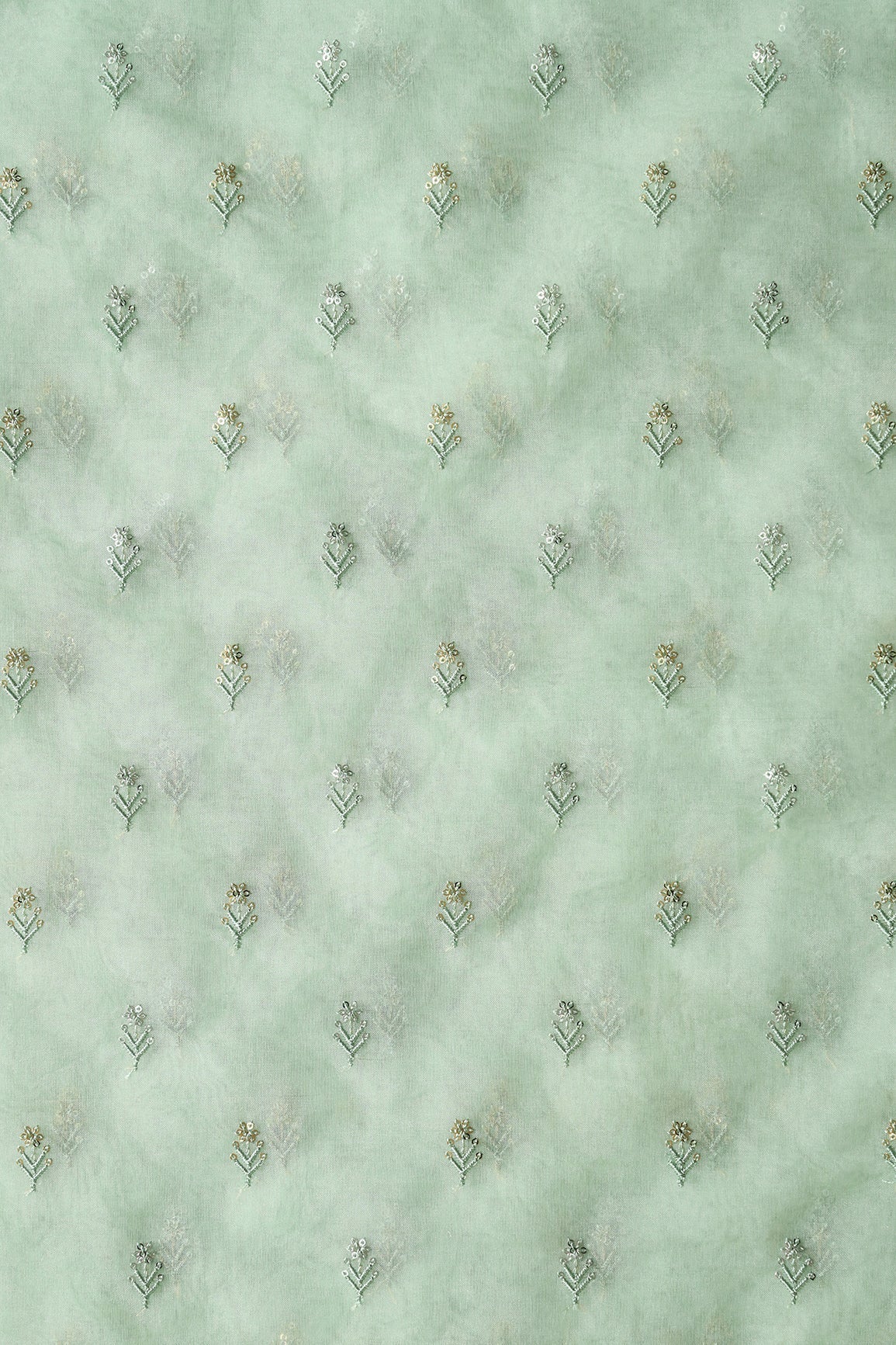 AIzaSyBcstauz-XMPRhEY21AUzeo032pxrXB5Ug - Gold And Silver Sequins Beautiful Small Floral Motif Embroidery Work On Pastel Olive Organza Fabric