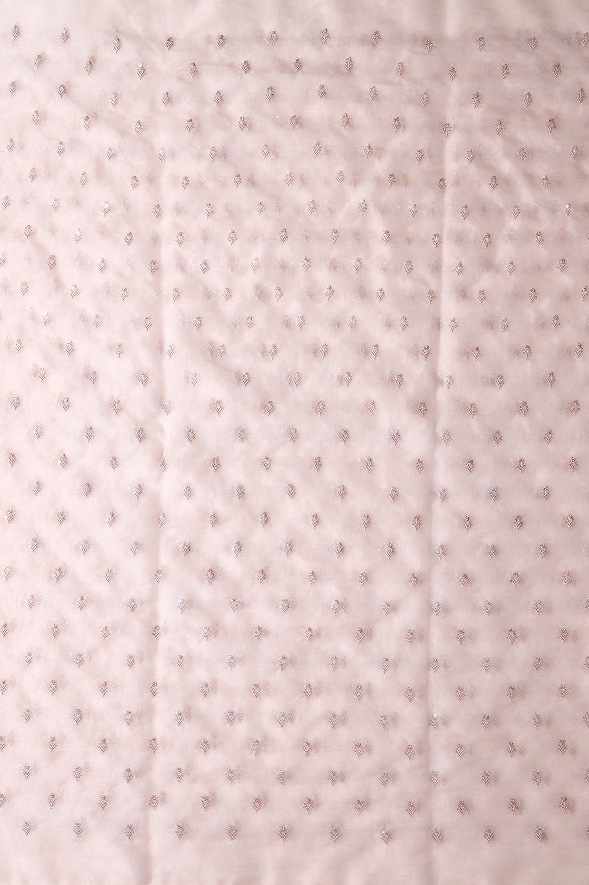 AIzaSyBcstauz-XMPRhEY21AUzeo032pxrXB5Ug - Gold And Silver Sequins Beautiful Small Floral Motif Embroidery Work On Pastel Peach Organza Fabric