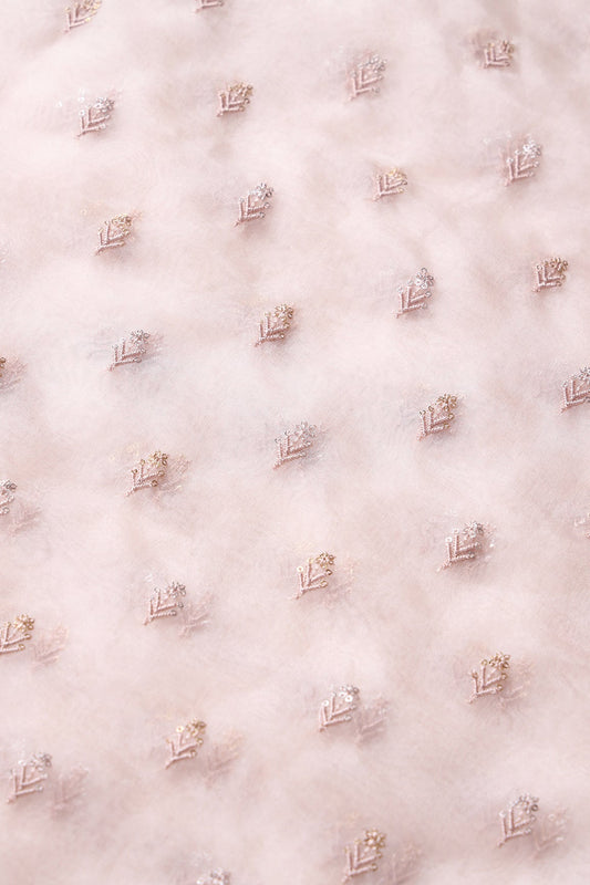 AIzaSyBcstauz-XMPRhEY21AUzeo032pxrXB5Ug - Gold And Silver Sequins Beautiful Small Floral Motif Embroidery Work On Pastel Peach Organza Fabric