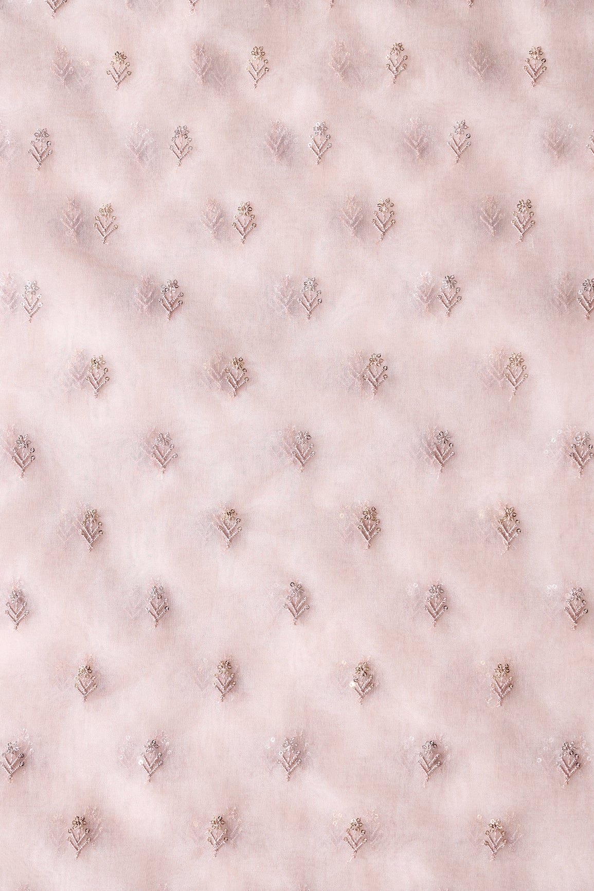 AIzaSyBcstauz-XMPRhEY21AUzeo032pxrXB5Ug - Gold And Silver Sequins Beautiful Small Floral Motif Embroidery Work On Pastel Peach Organza Fabric